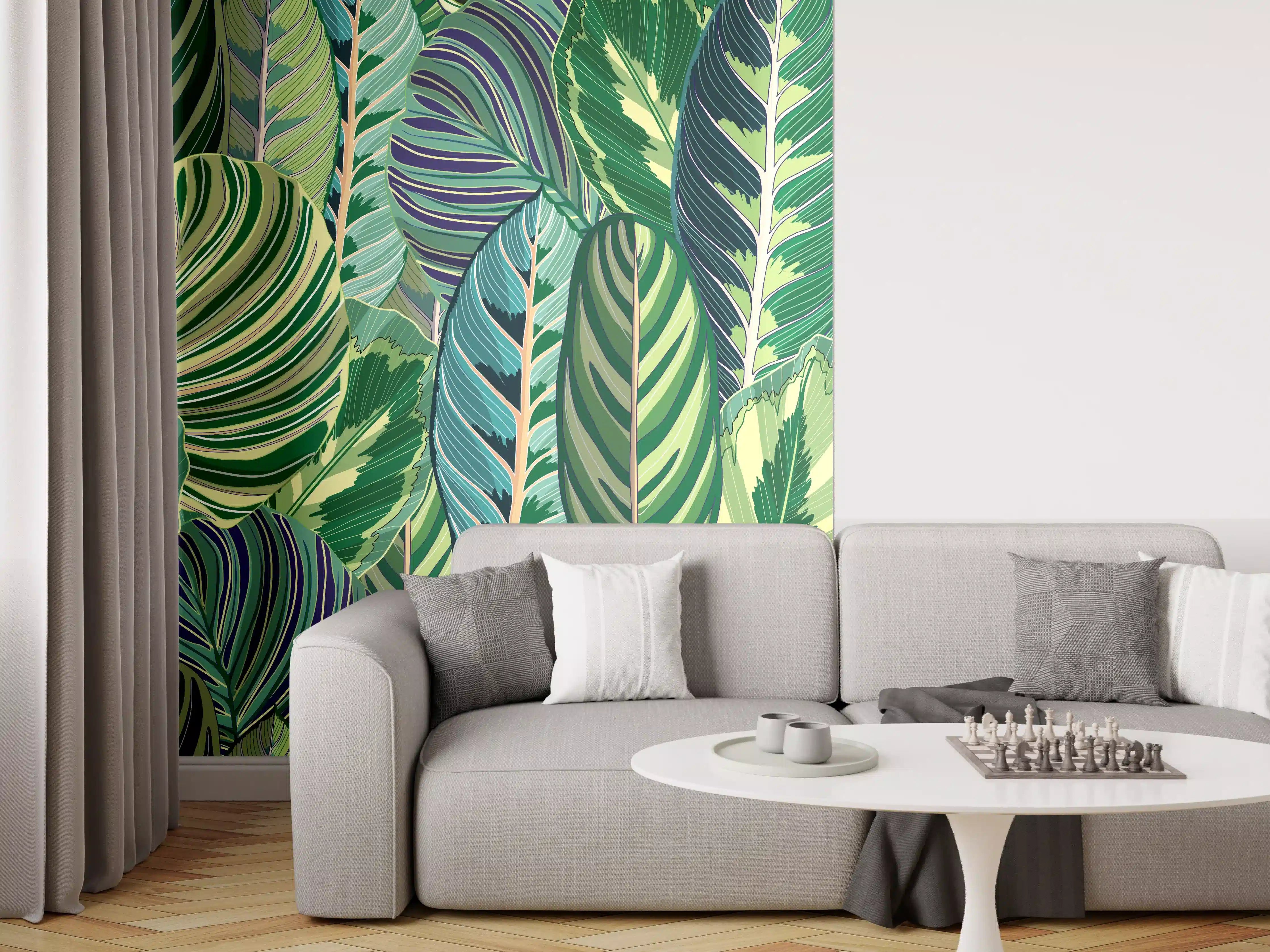 Wandverkleidung Wohnzimmer - Tropische Blätter Grün-Türkis-Lila