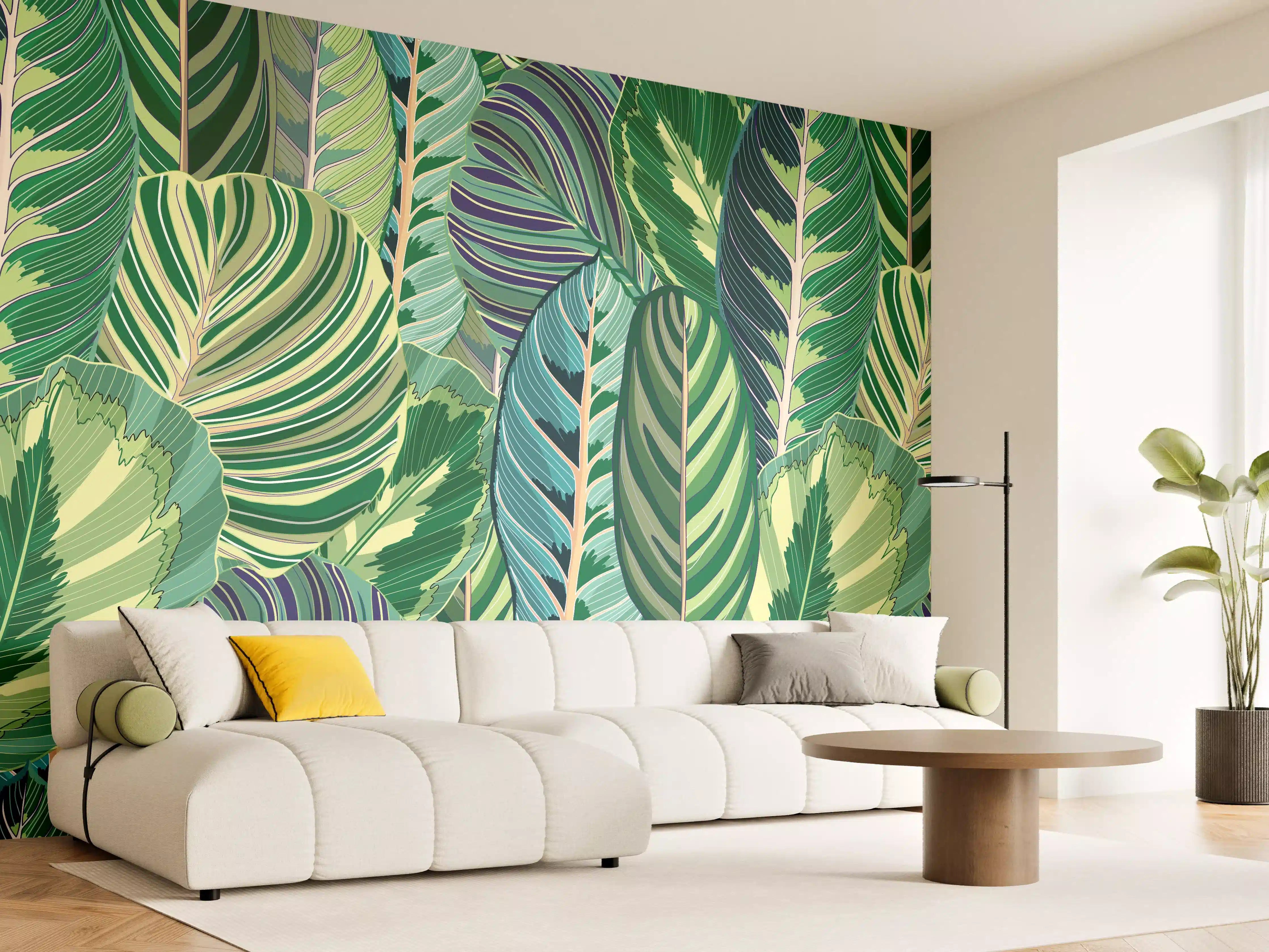 Wandverkleidung Wohnzimmer - Tropische Blätter Grün-Türkis-Lila