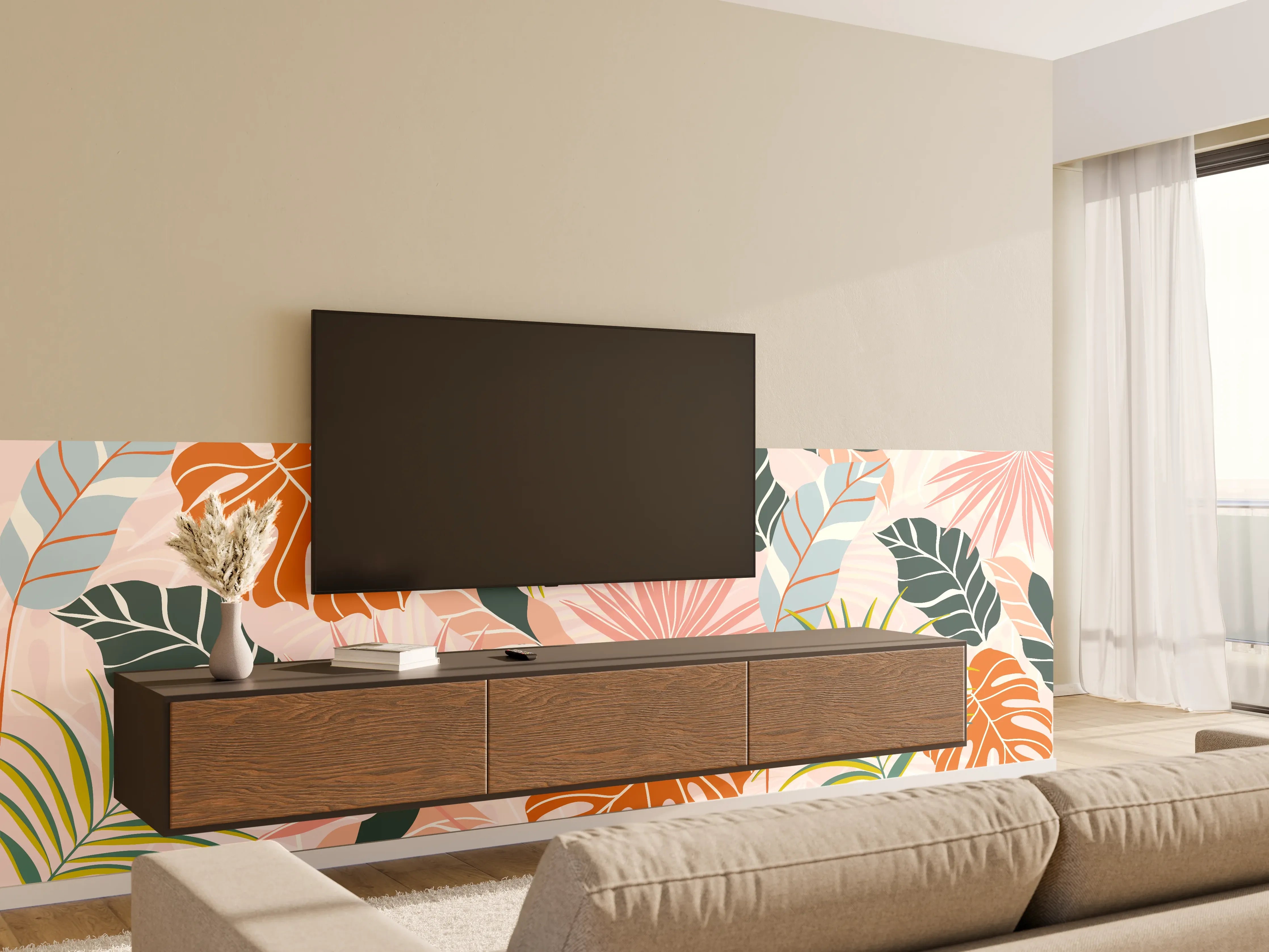 Wandverkleidung Wohnzimmer - Tropische Blätter Pastell Tapete
