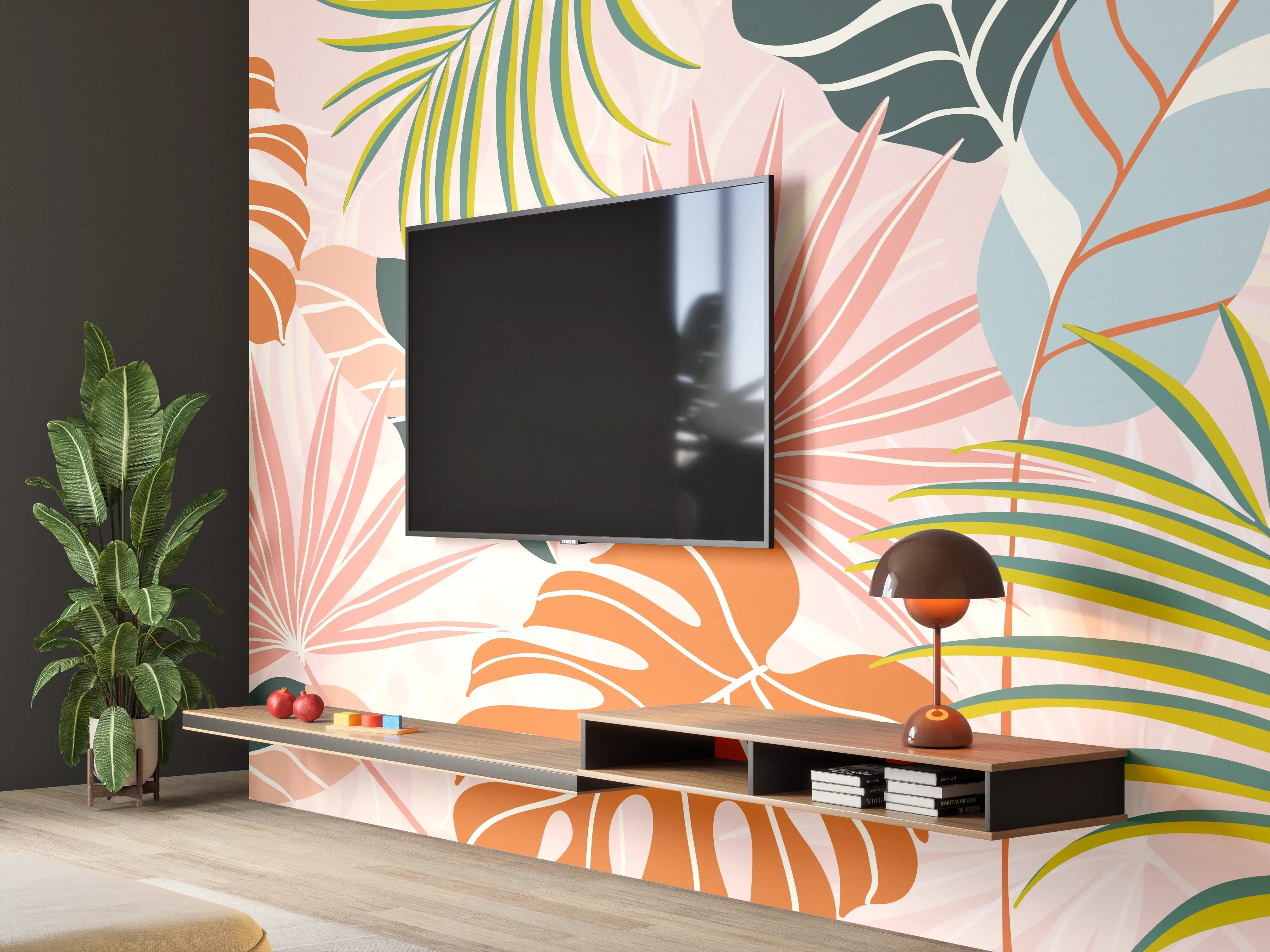 Wandverkleidung Wohnzimmer - Tropische Blätter Pastell Tapete