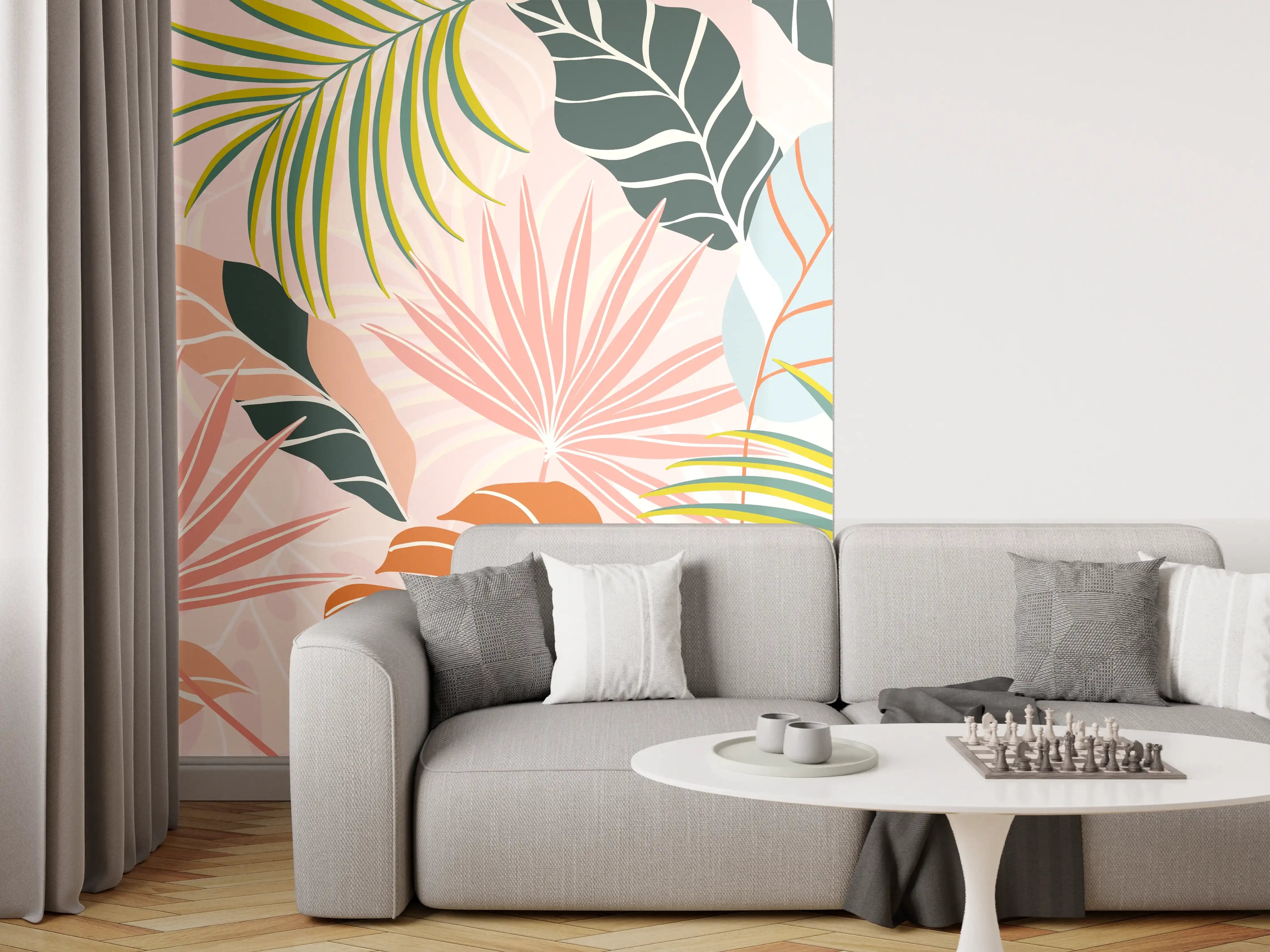 Wandverkleidung Wohnzimmer - Tropische Blätter Pastell Tapete