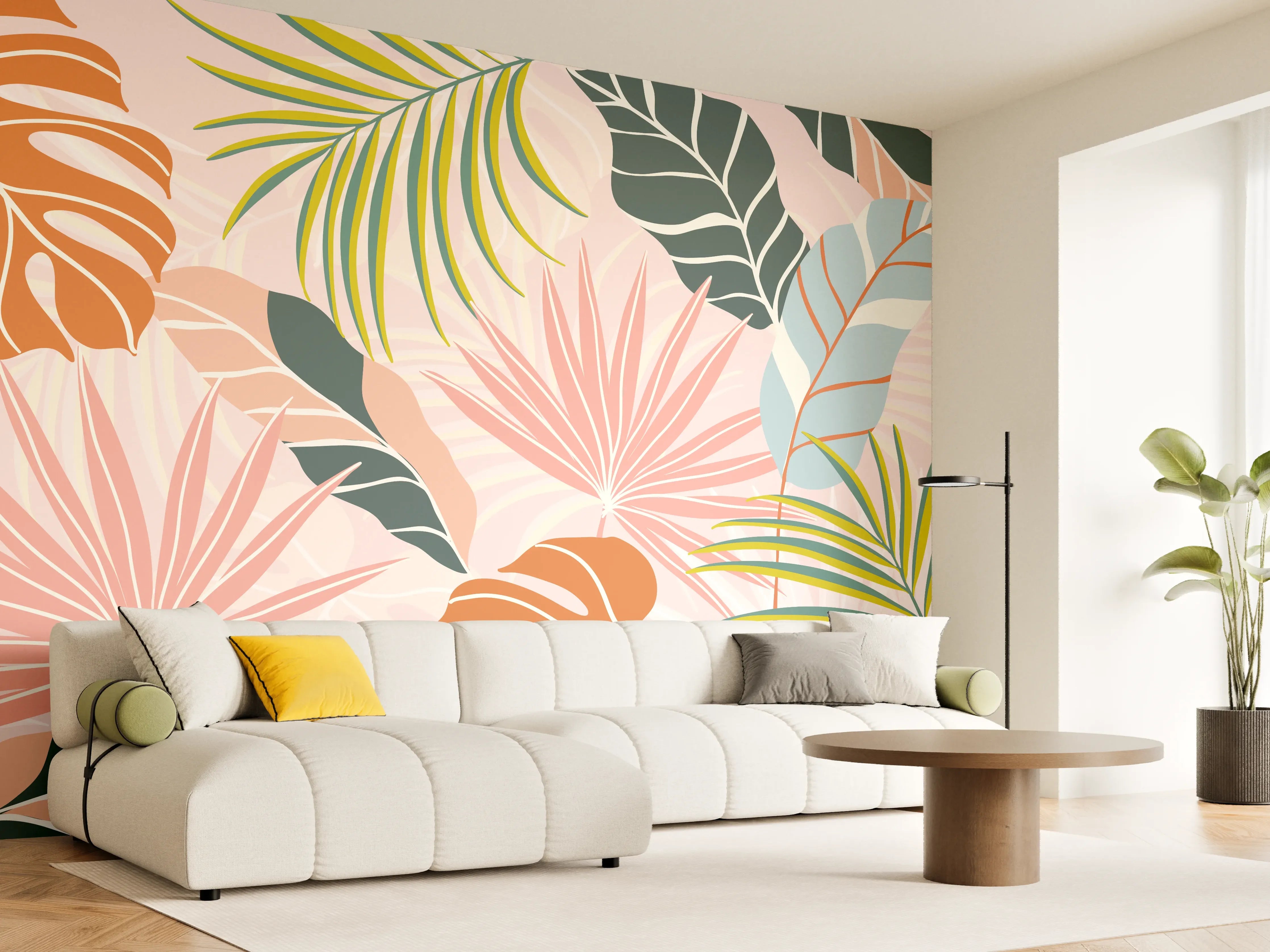 Wandverkleidung Wohnzimmer - Tropische Blätter Pastell Tapete
