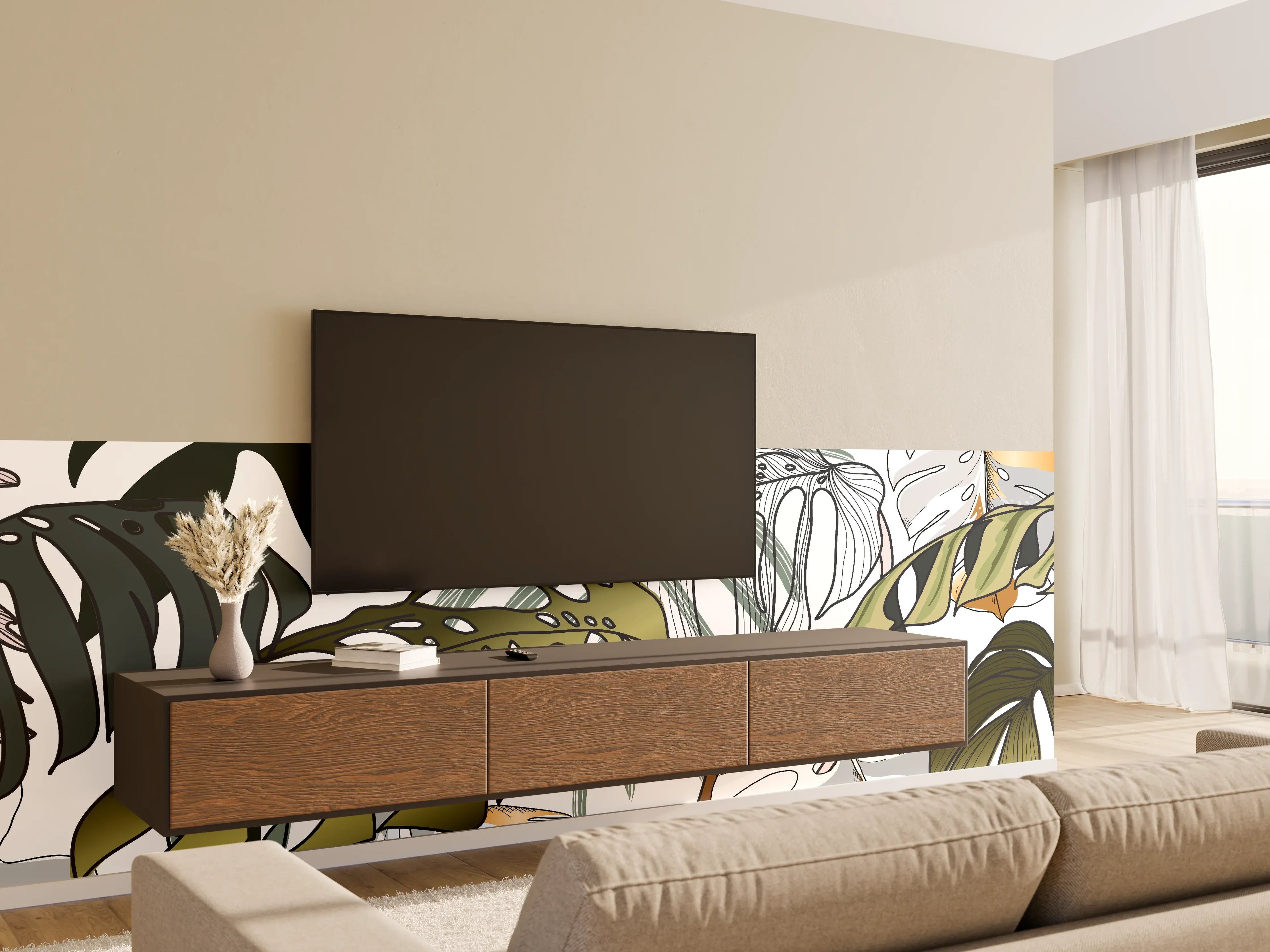 Wandverkleidung Wohnzimmer - Tropische Blätter