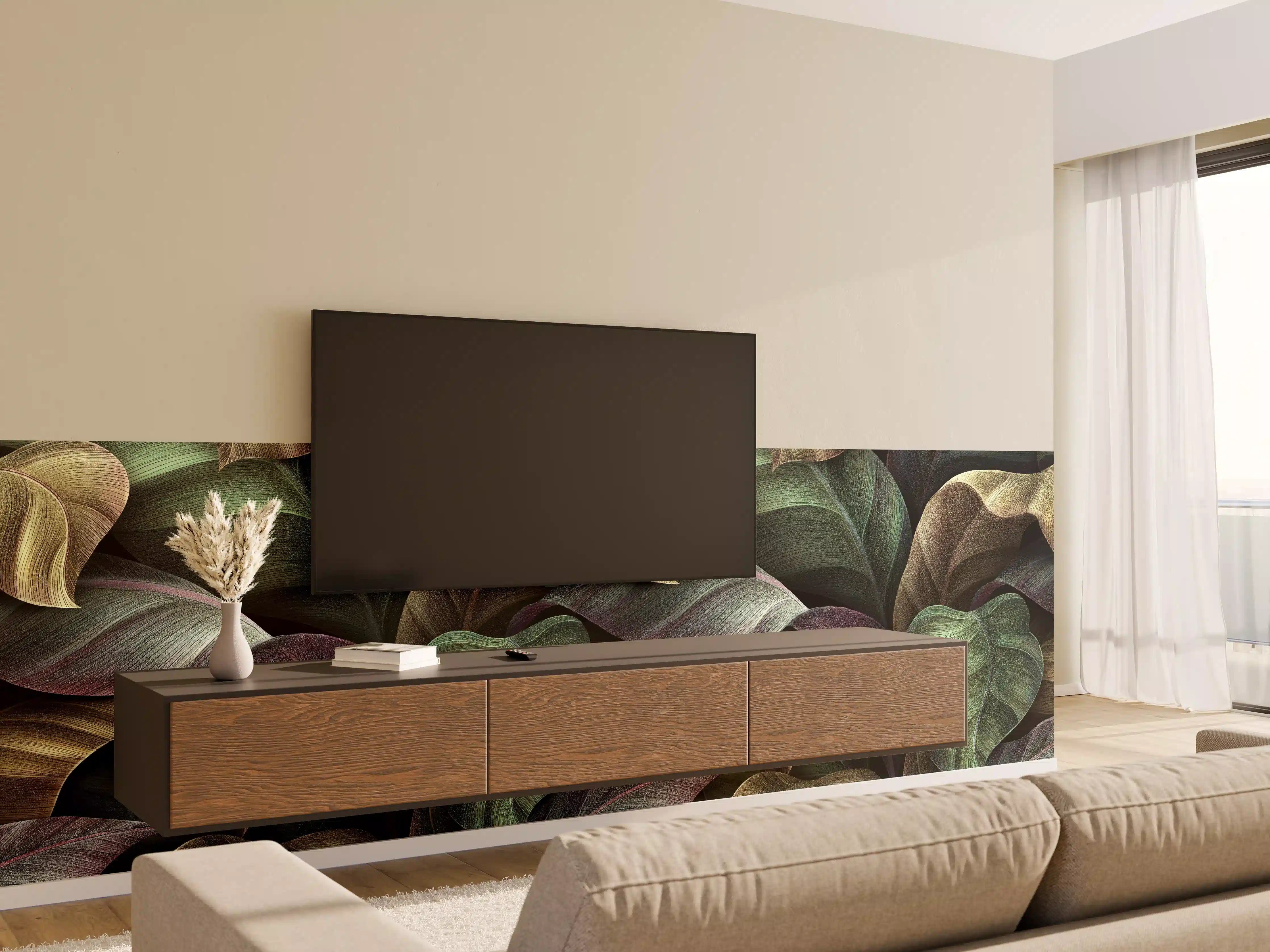 Wandverkleidung Wohnzimmer - Tropische Blätter in Gold - Malerei