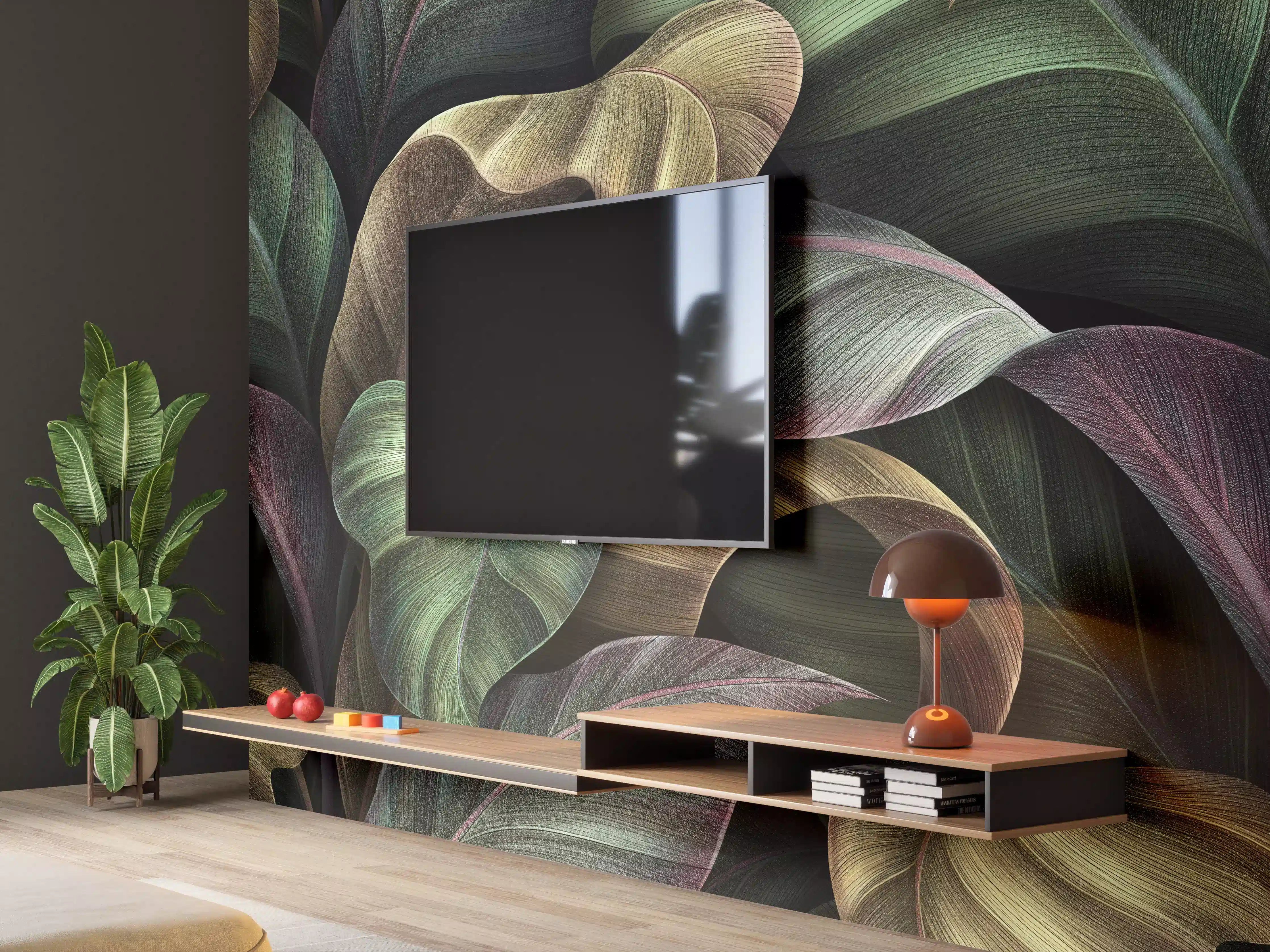 Wandverkleidung Wohnzimmer - Tropische Blätter in Gold - Malerei
