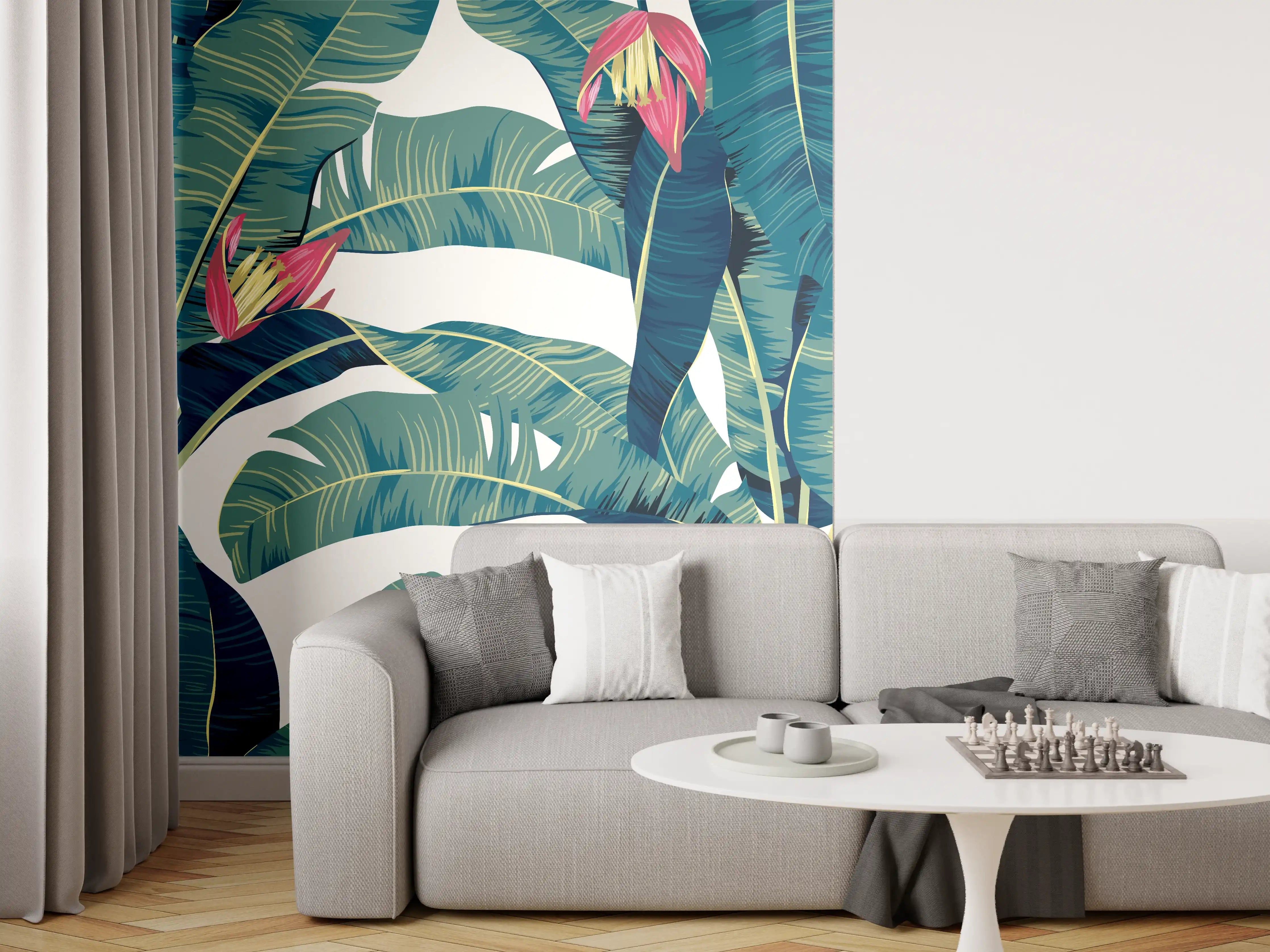 Wandverkleidung Wohnzimmer - Tropische Blätter in Grün