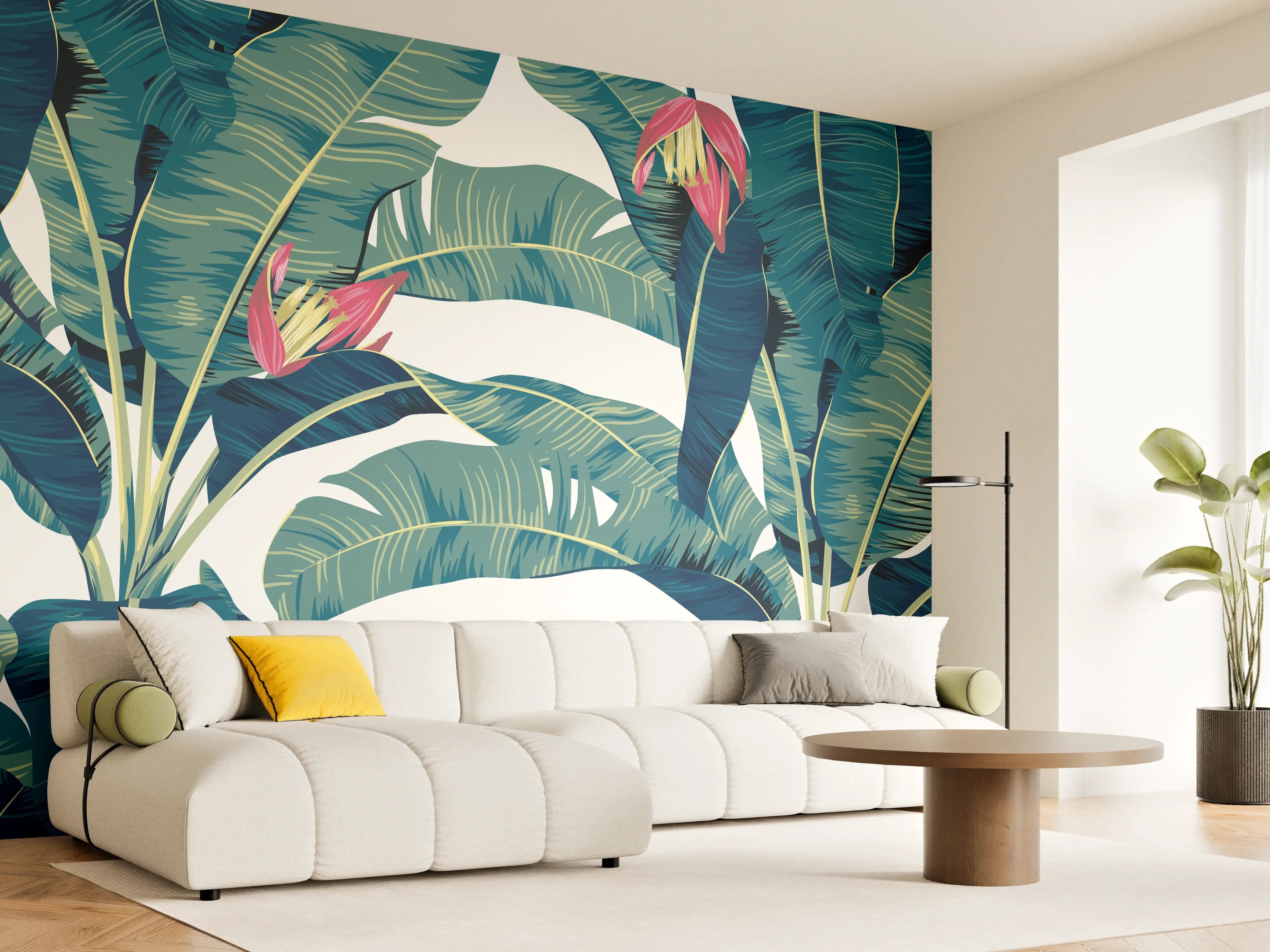 Wandverkleidung Wohnzimmer - Tropische Blätter in Grün