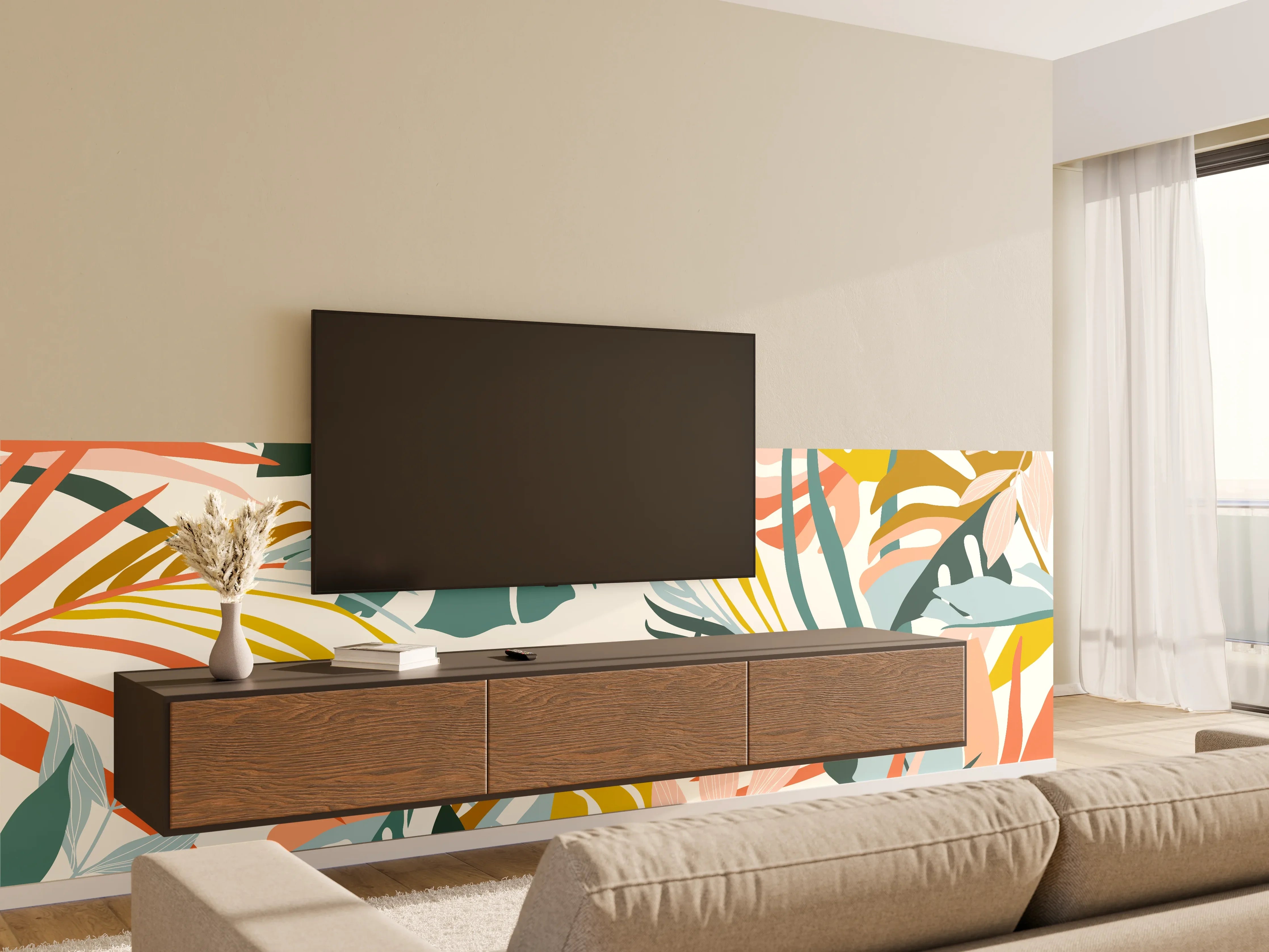 Wandverkleidung Wohnzimmer - Tropische Blatt Illustration Pastell
