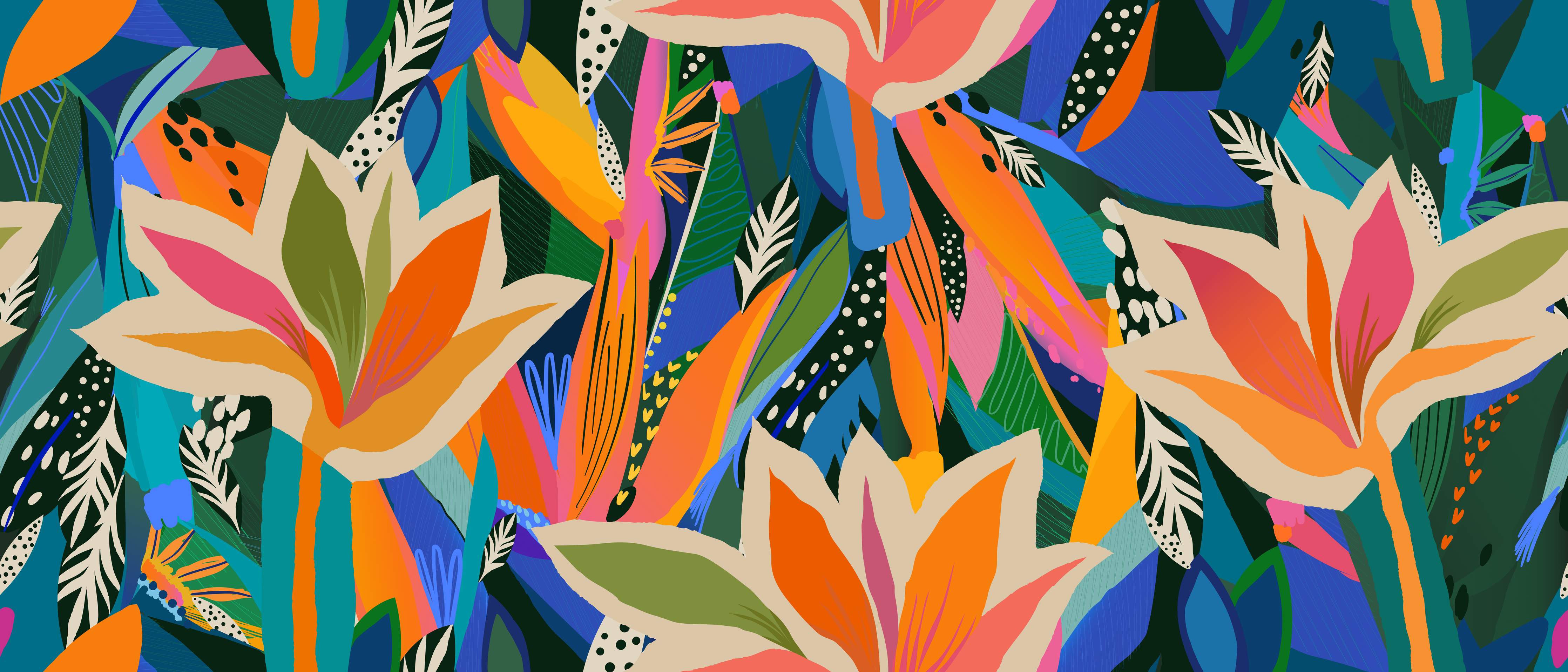 Wandverkleidung Wohnzimmer-Tropische Blüten Blau-Orange-Grün