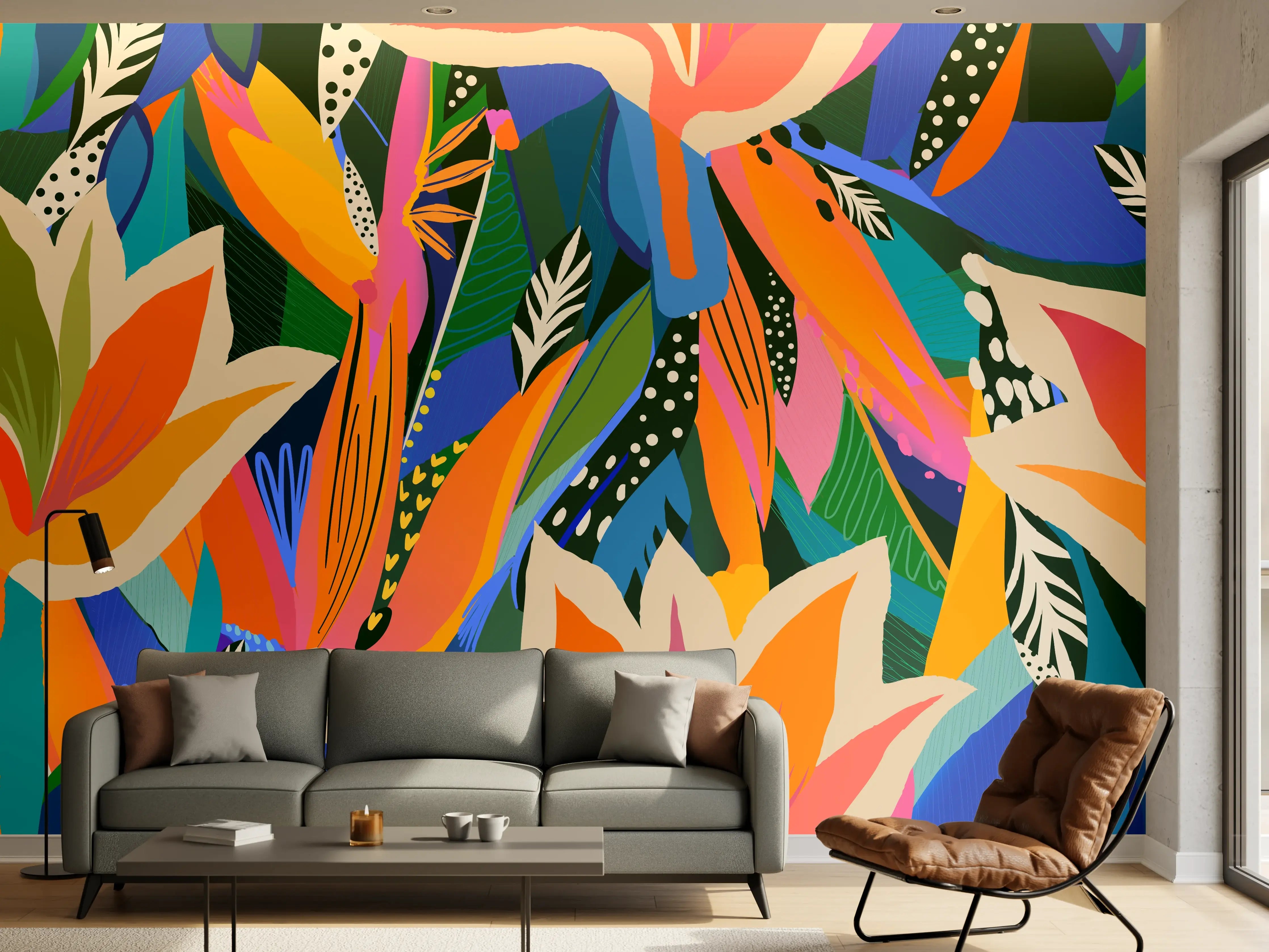 Wandverkleidung Wohnzimmer - Tropische Blüten Blau-Orange-Grün