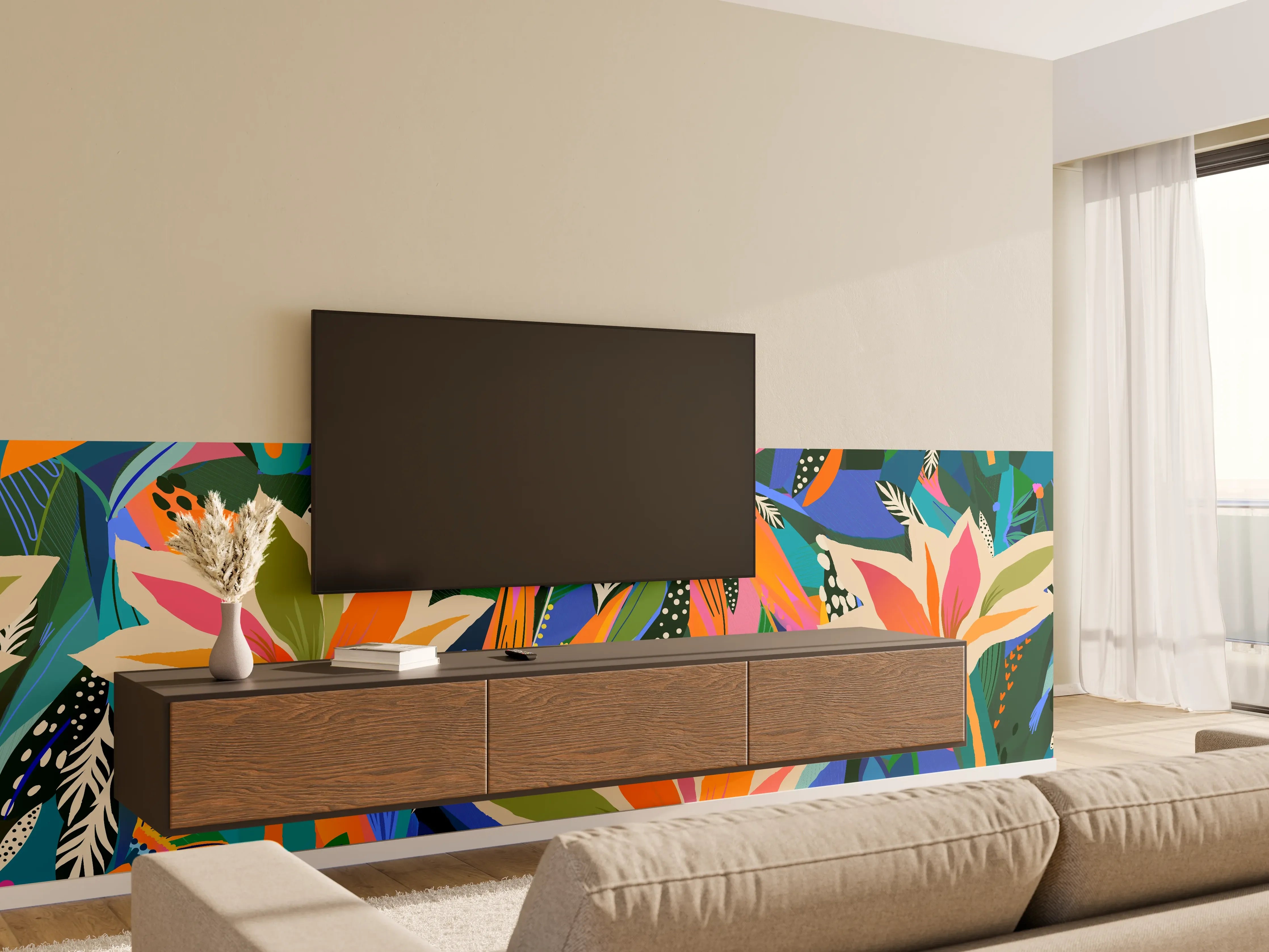Wandverkleidung Wohnzimmer - Tropische Blüten Blau-Orange-Grün