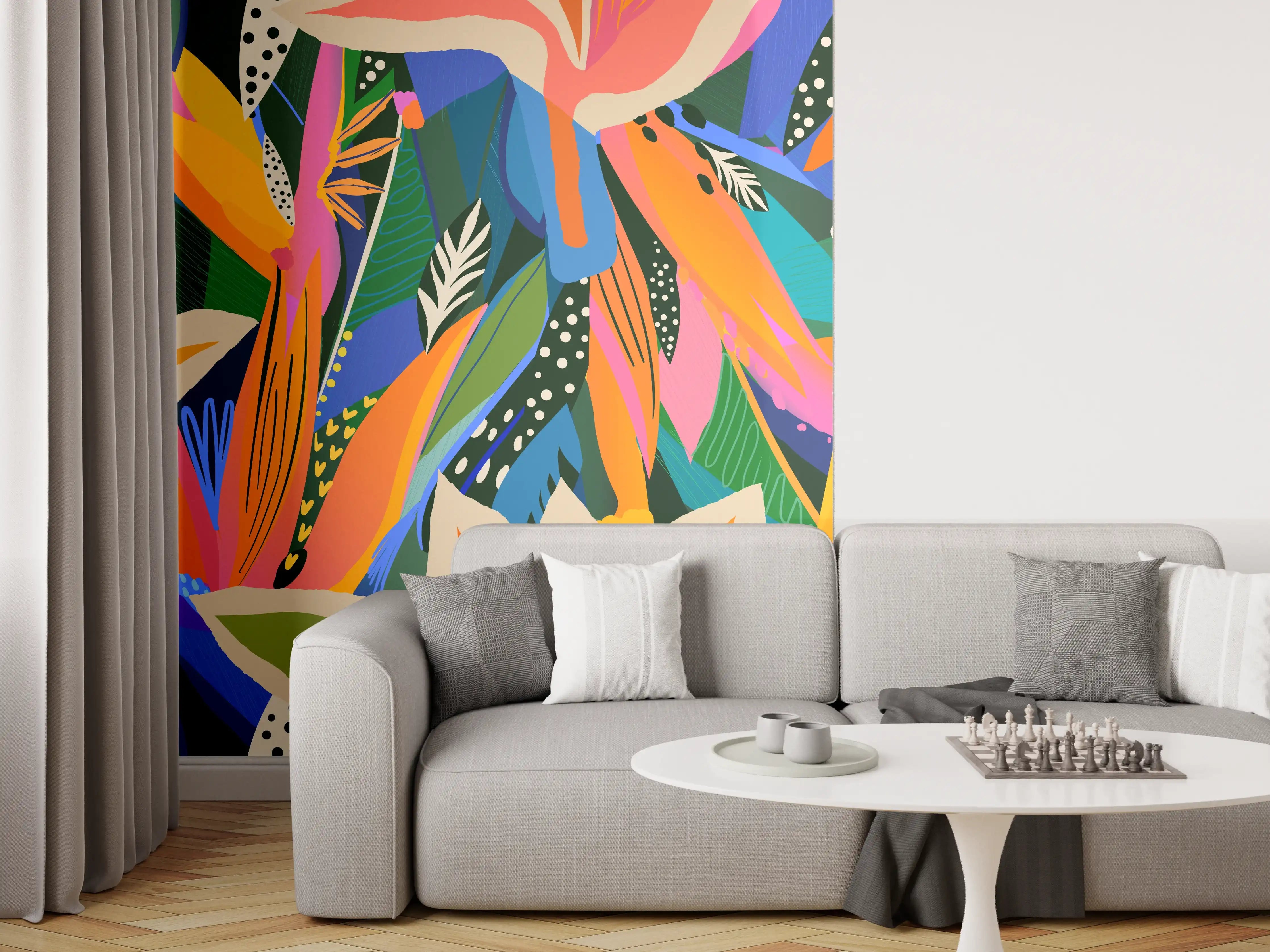 Wandverkleidung Wohnzimmer - Tropische Blüten Blau-Orange-Grün