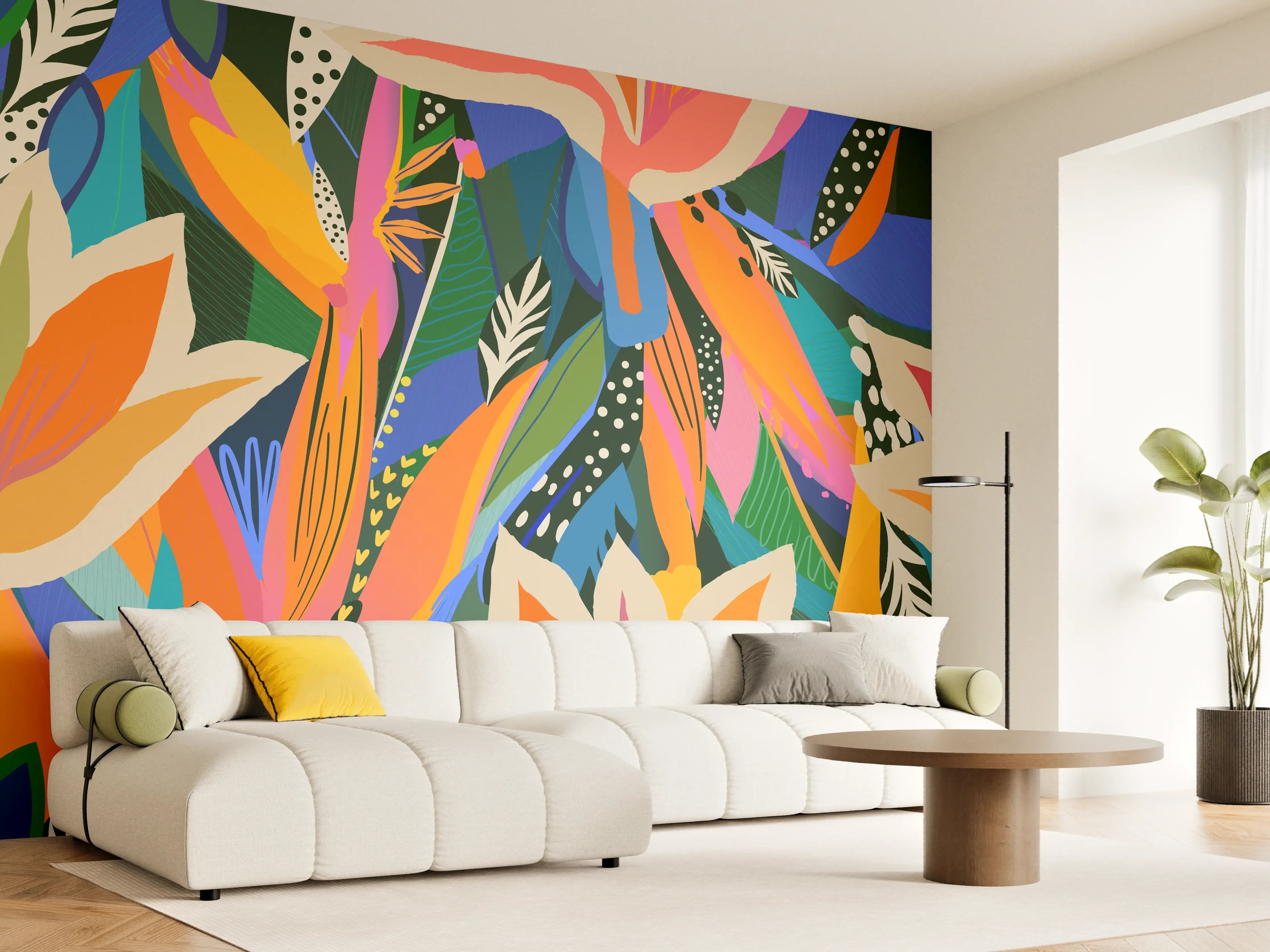 Wandverkleidung Wohnzimmer - Tropische Blüten Blau-Orange-Grün