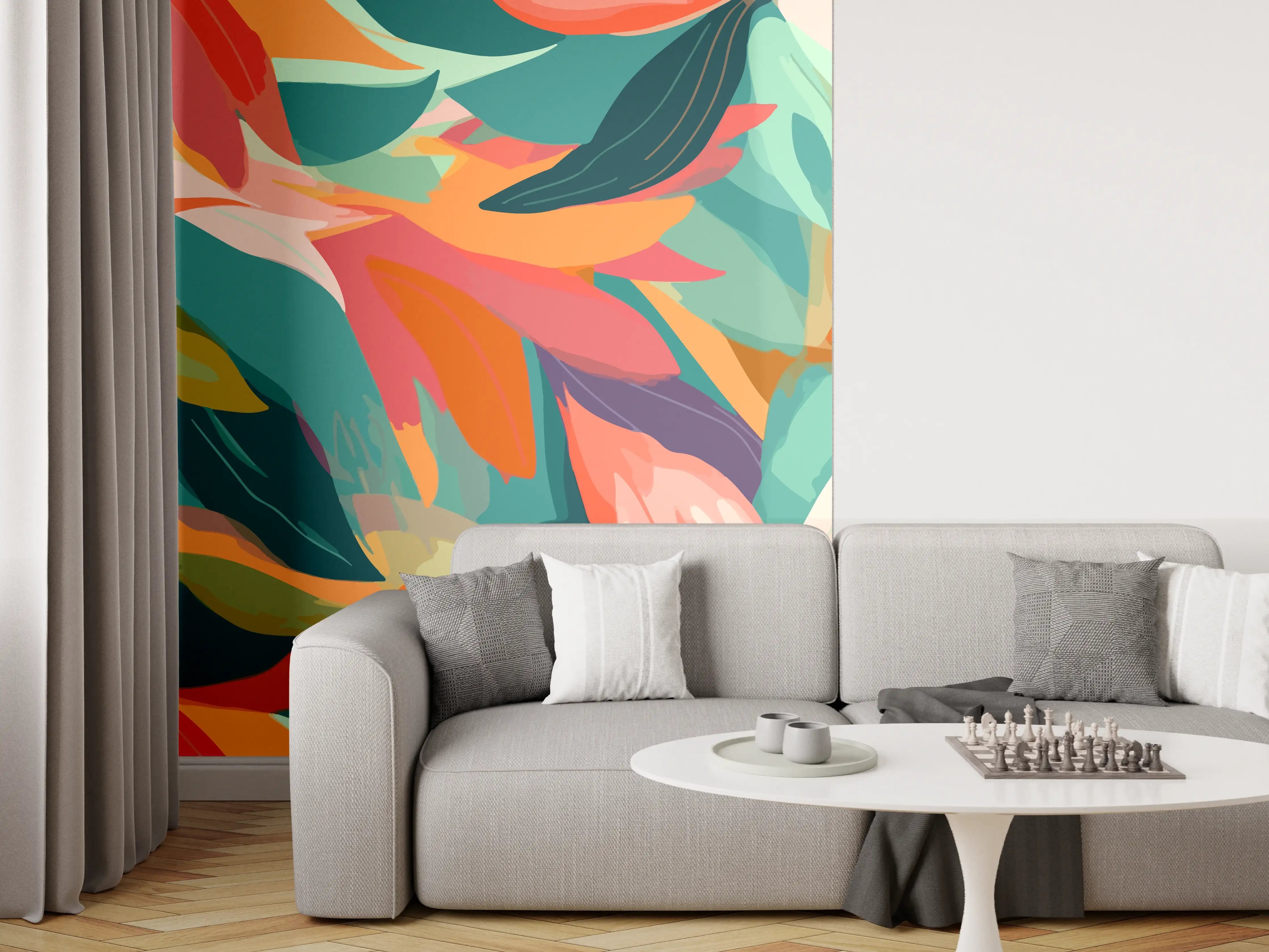 Wandverkleidung Wohnzimmer - Tropische Blüten Türkis Koralle