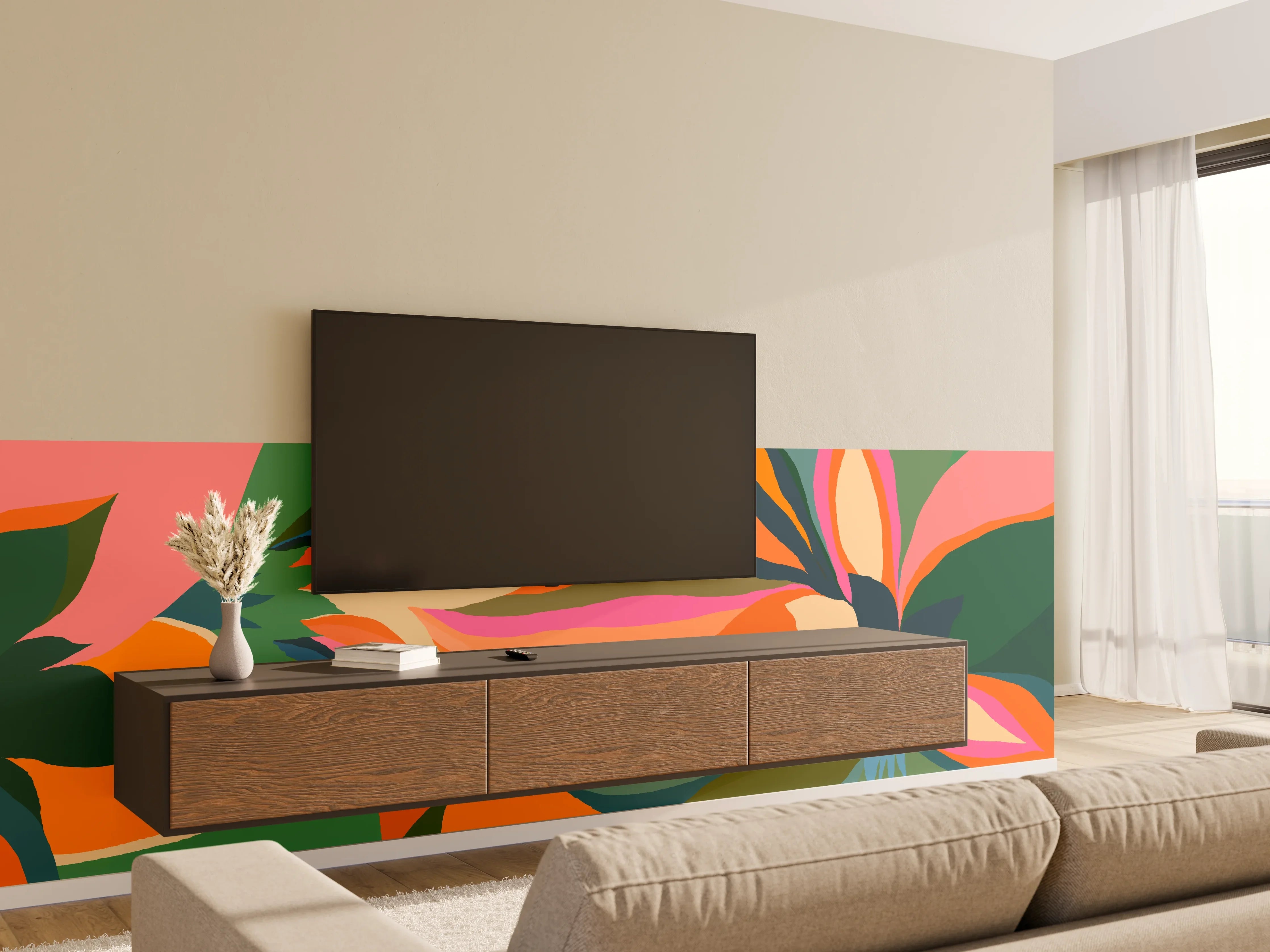 Wandverkleidung Wohnzimmer - Tropische Blüten in Orange