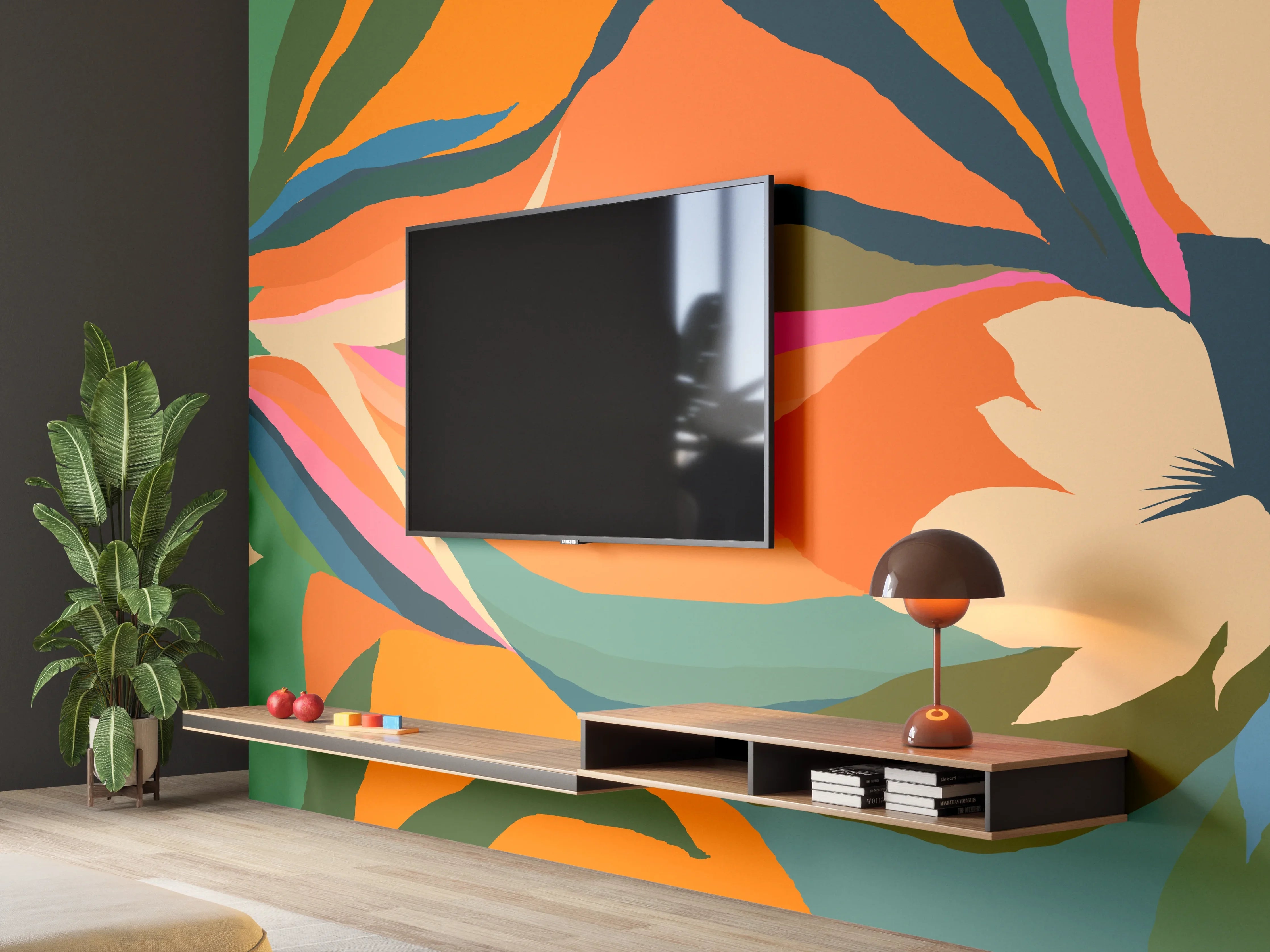 Wandverkleidung Wohnzimmer - Tropische Blüten in Orange