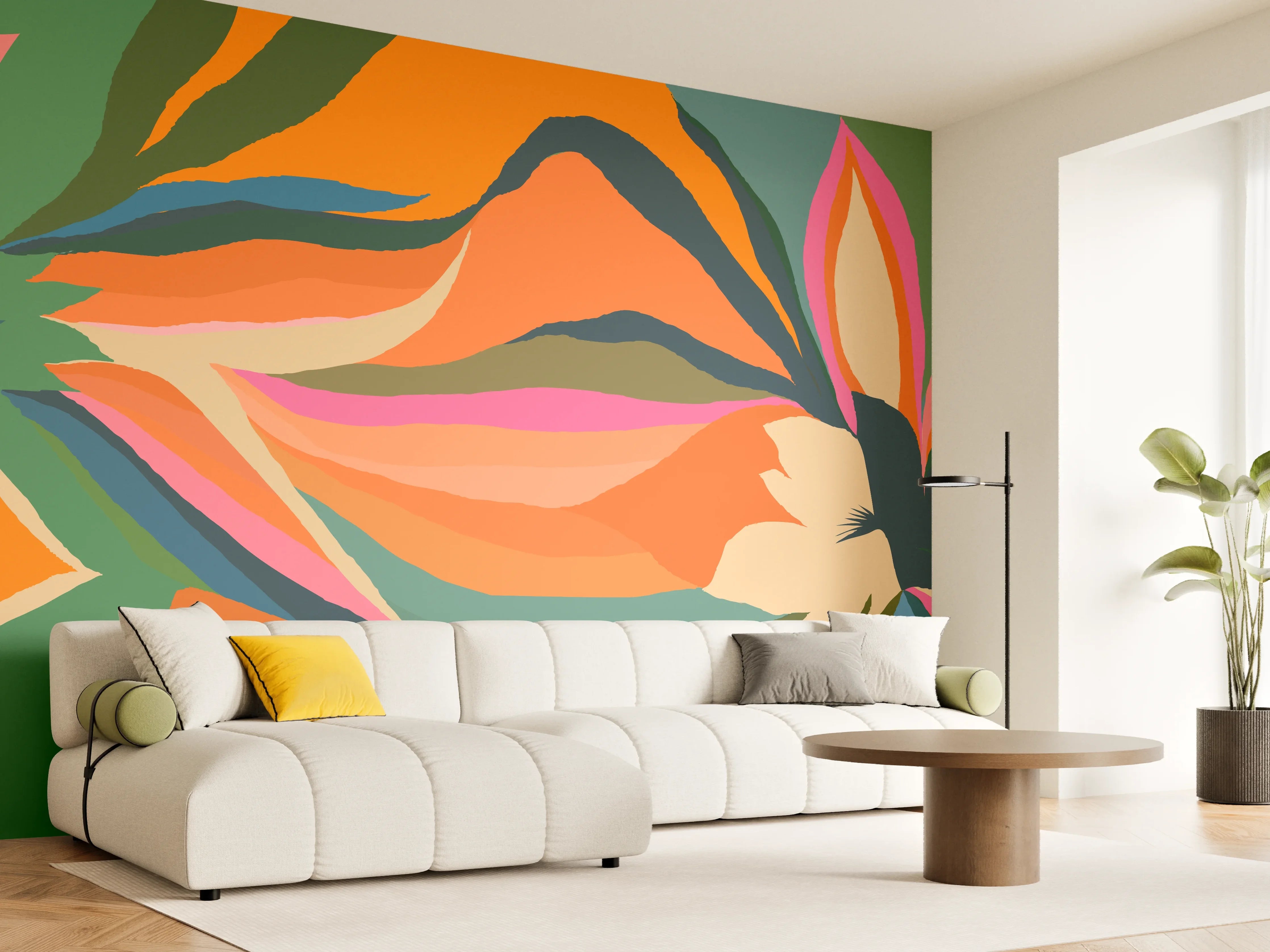 Wandverkleidung Wohnzimmer - Tropische Blüten in Orange