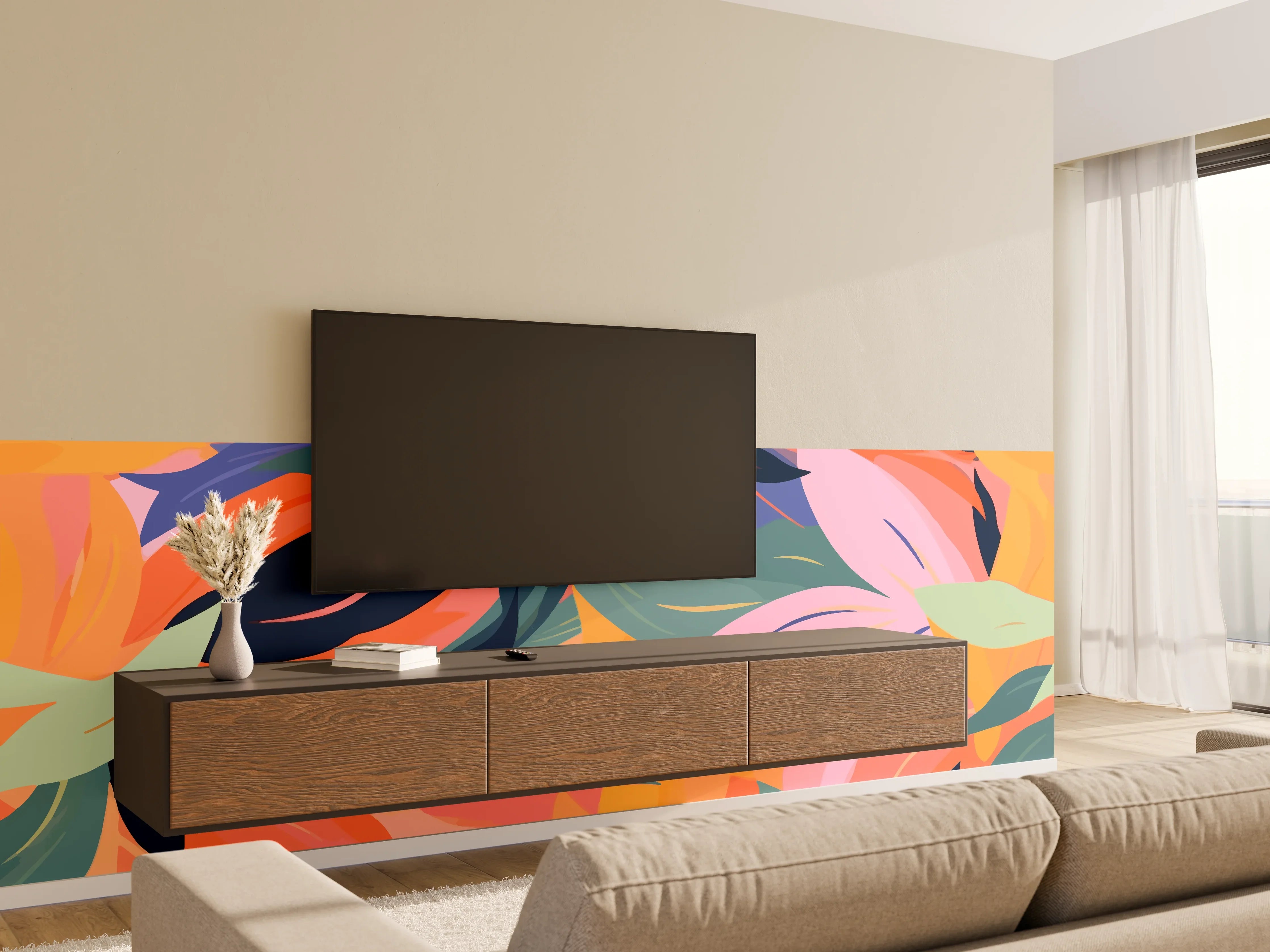 Wandverkleidung Wohnzimmer - Tropische Blütenblätter Bunt