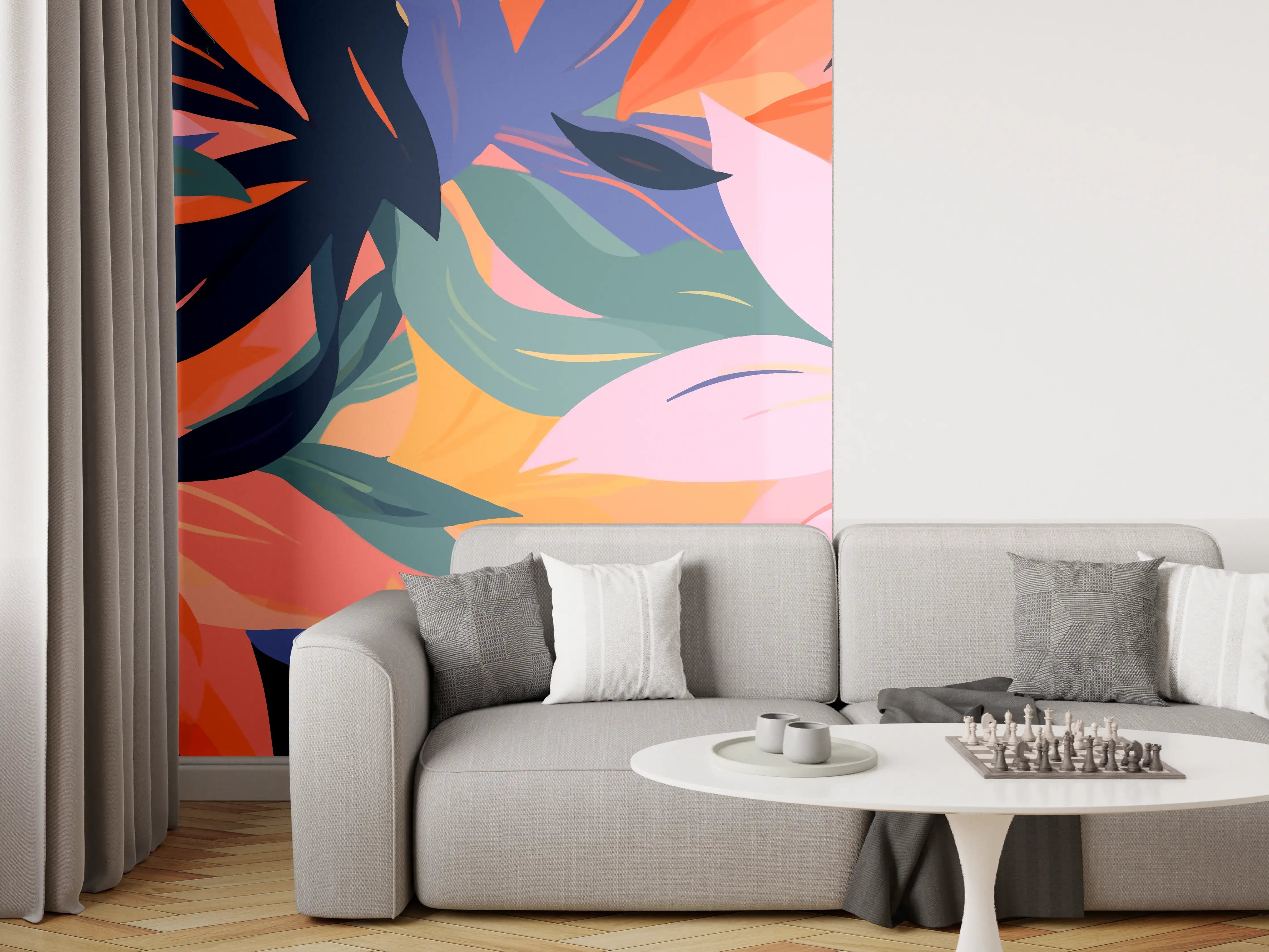 Wandverkleidung Wohnzimmer - Tropische Blütenblätter Bunt