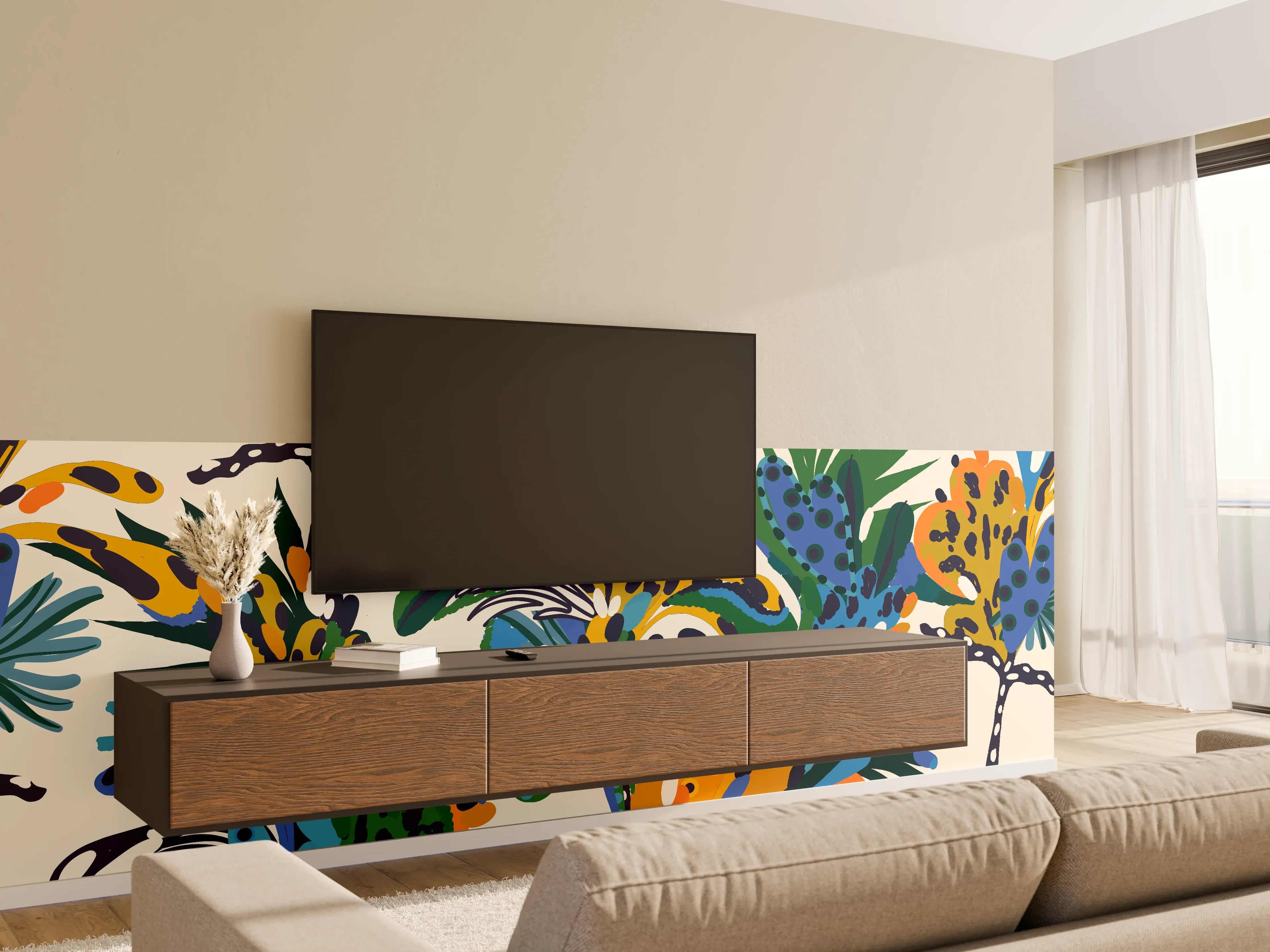 Wandverkleidung Wohnzimmer - Tropische Blumen Blau Grün Orange
