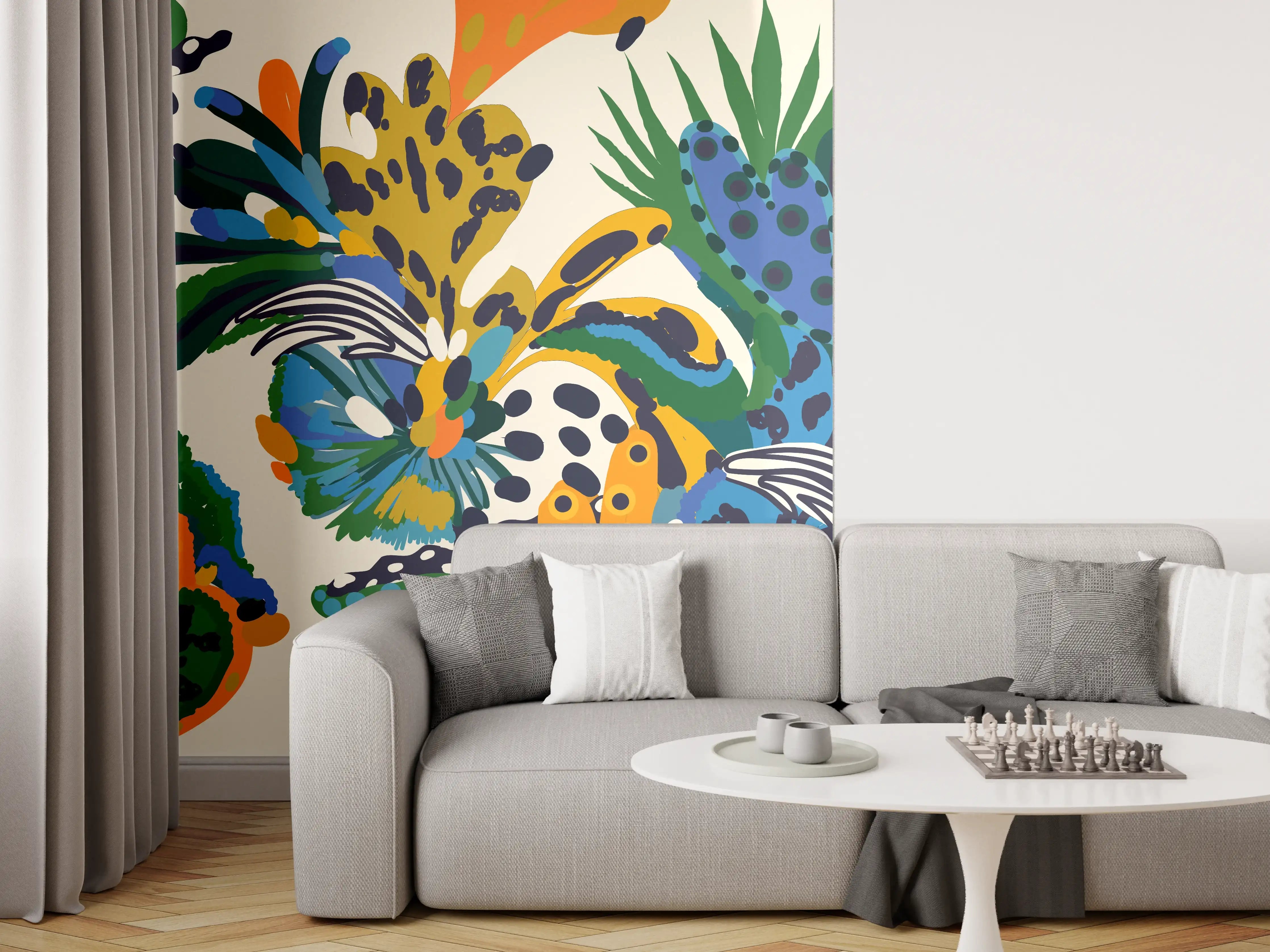 Wandverkleidung Wohnzimmer - Tropische Blumen Blau Grün Orange
