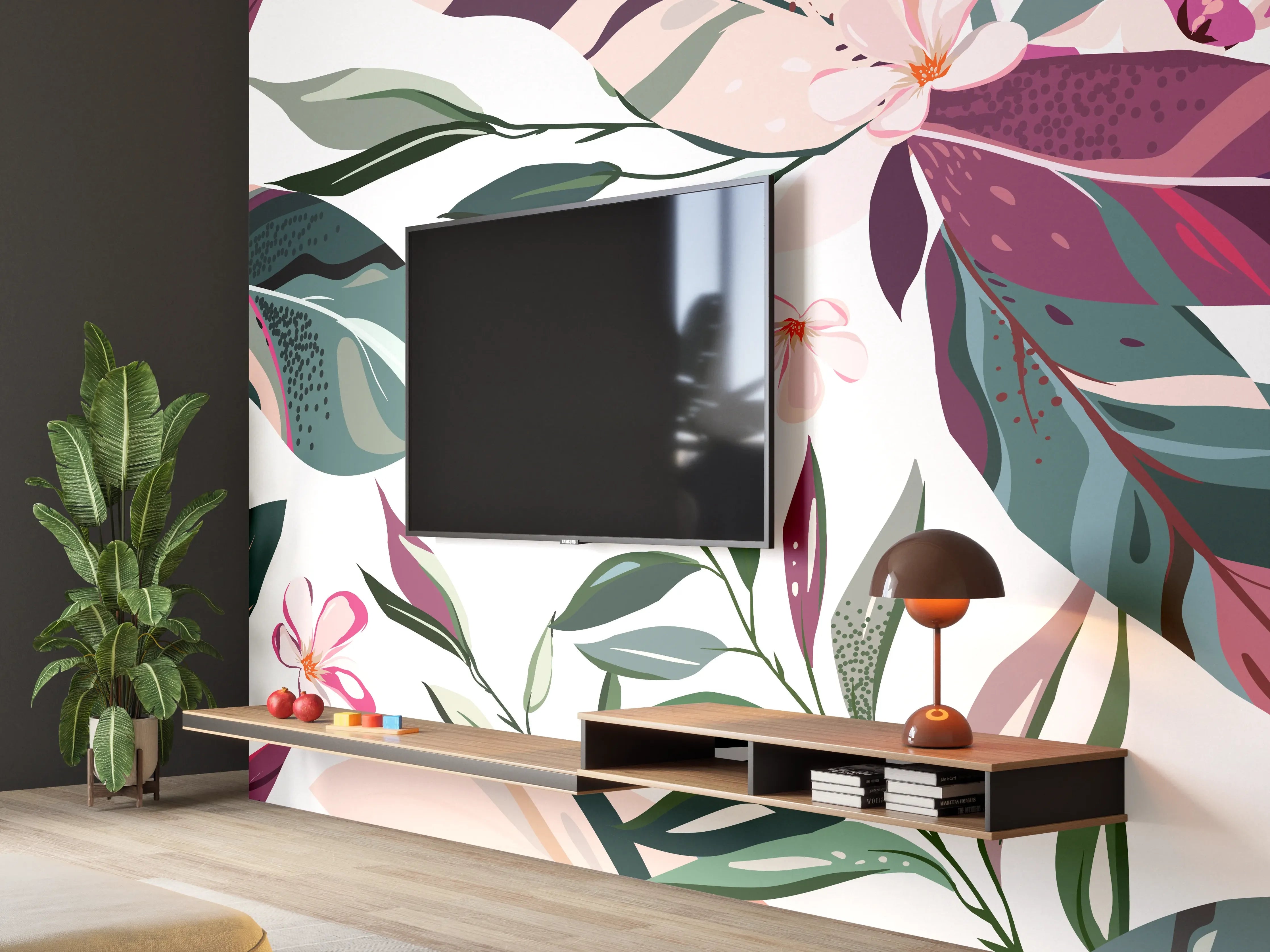 Wandverkleidung Wohnzimmer - Tropische Blumenkunst