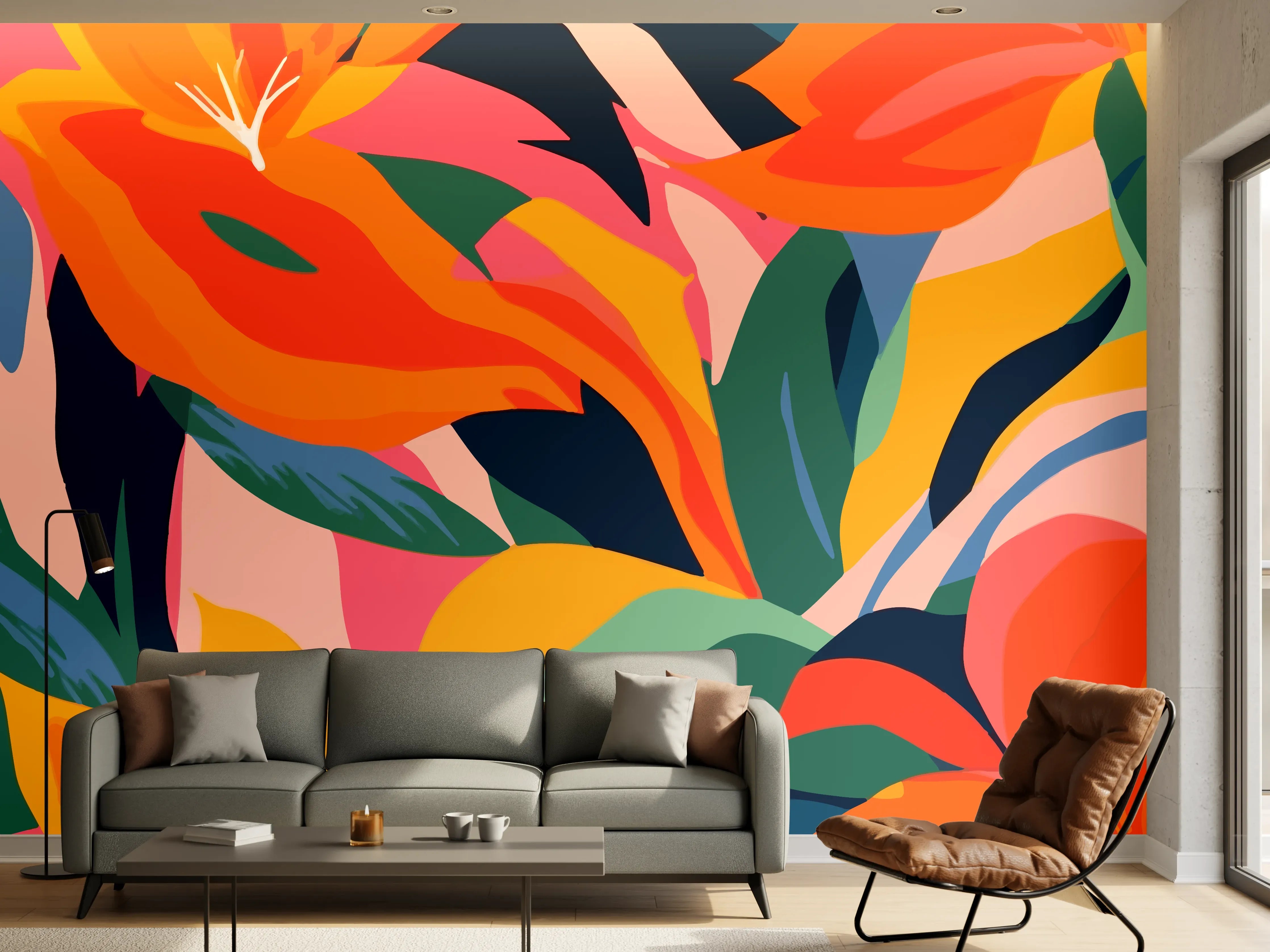 Wandverkleidung Wohnzimmer - Tropische Bunte Blumenillustration
