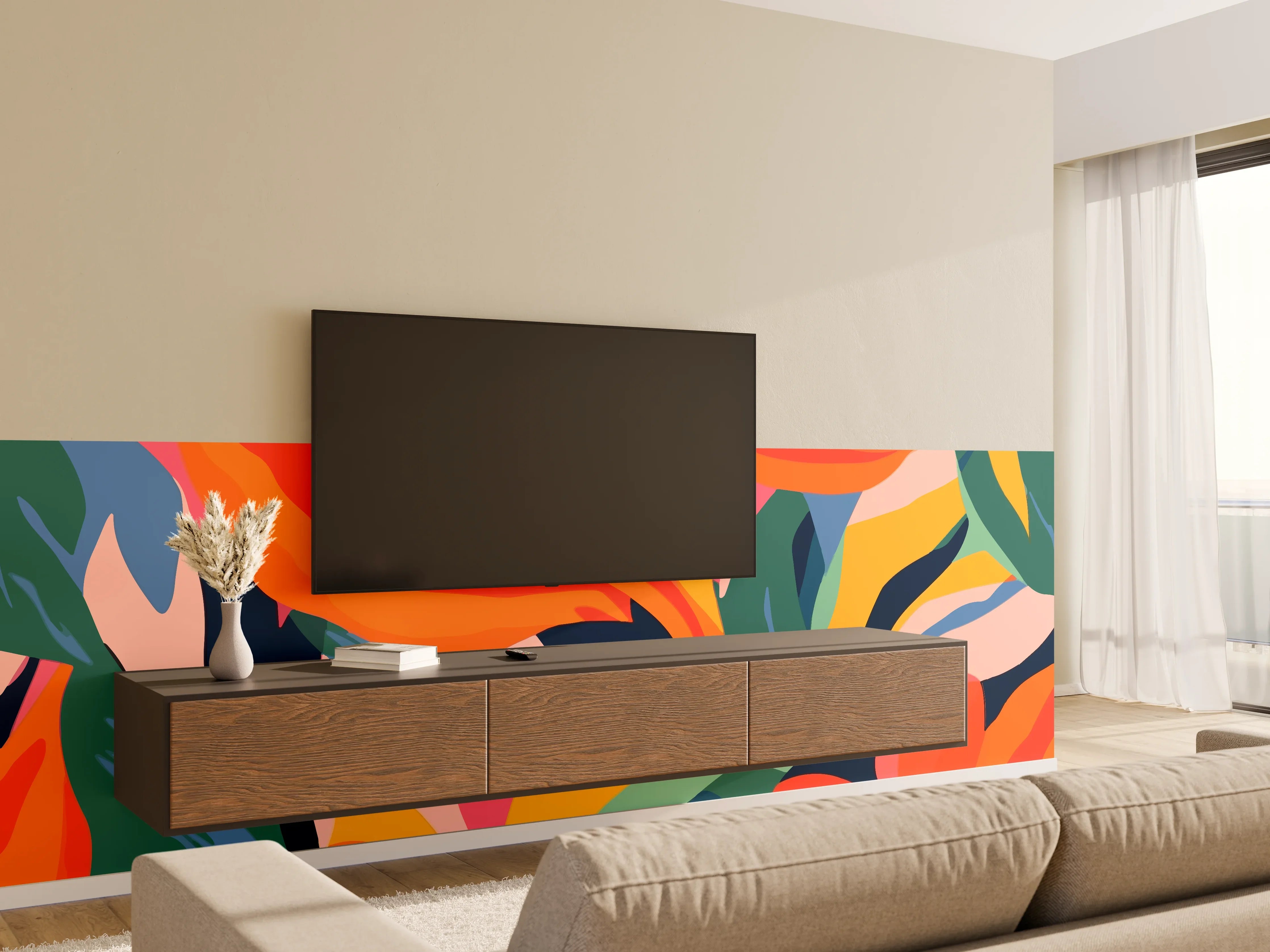 Wandverkleidung Wohnzimmer - Tropische Bunte Blumenillustration