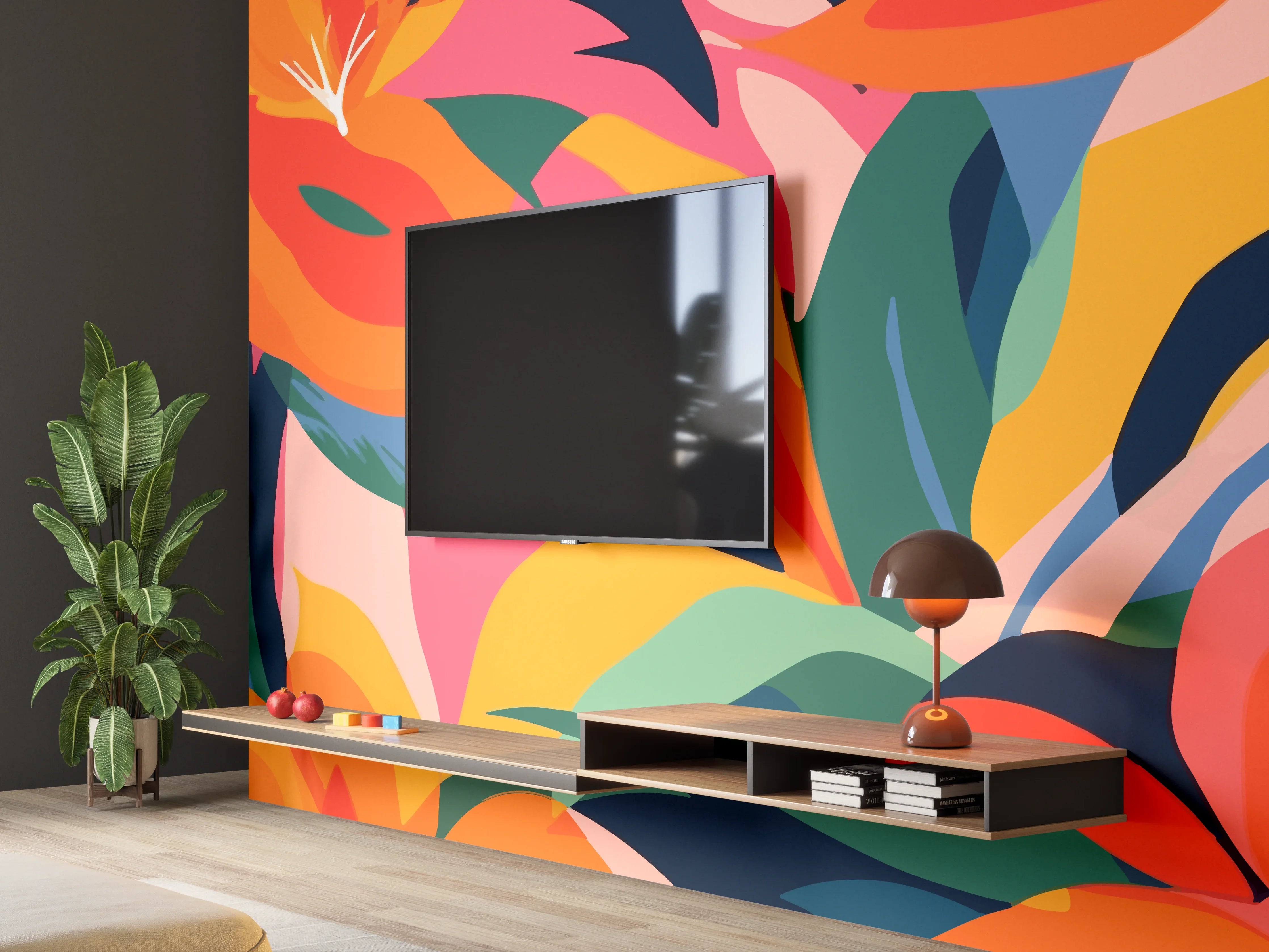 Wandverkleidung Wohnzimmer - Tropische Bunte Blumenillustration