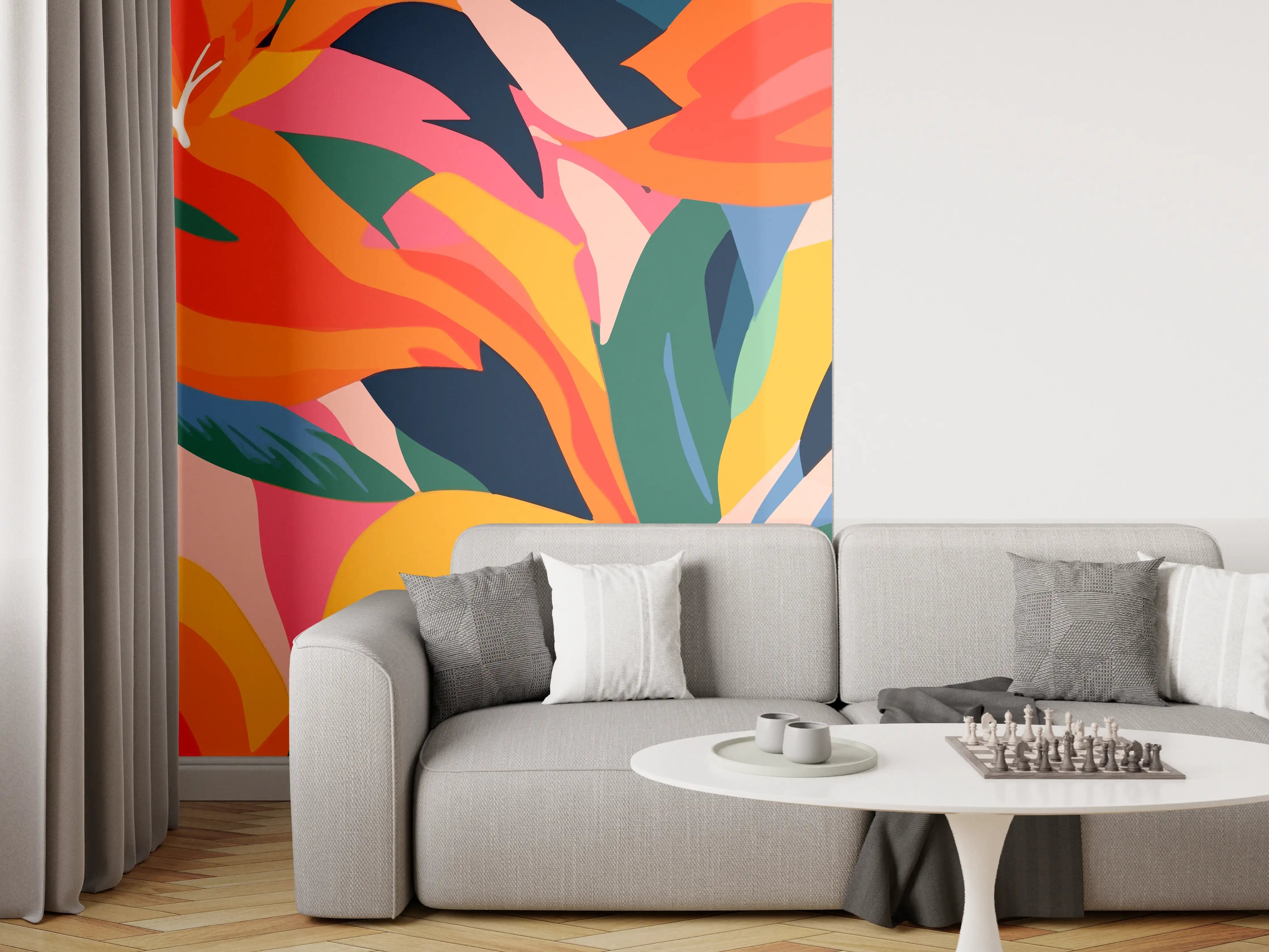 Wandverkleidung Wohnzimmer - Tropische Bunte Blumenillustration