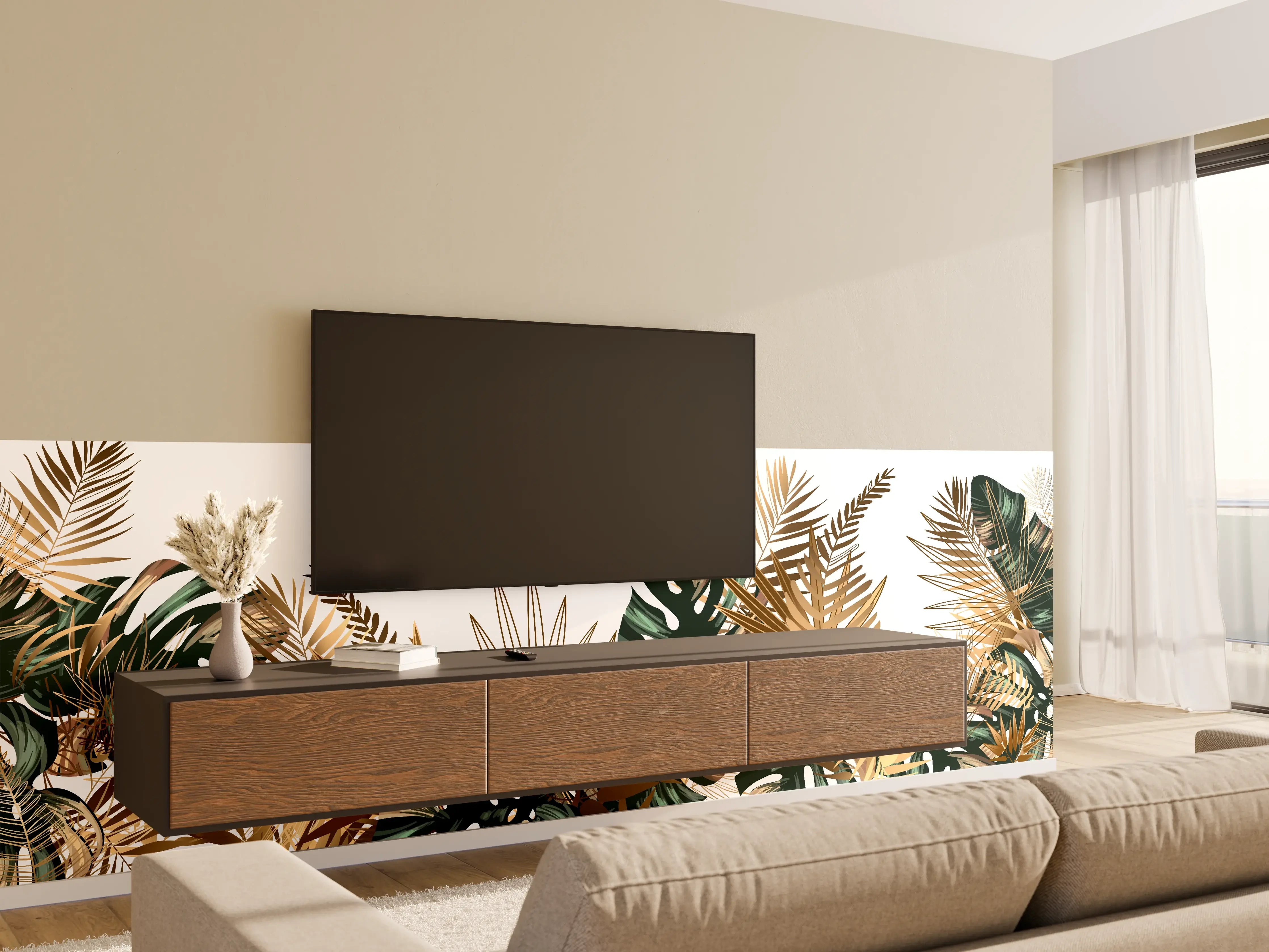 Wandverkleidung Wohnzimmer - Tropische Gold-Palmen Dekor
