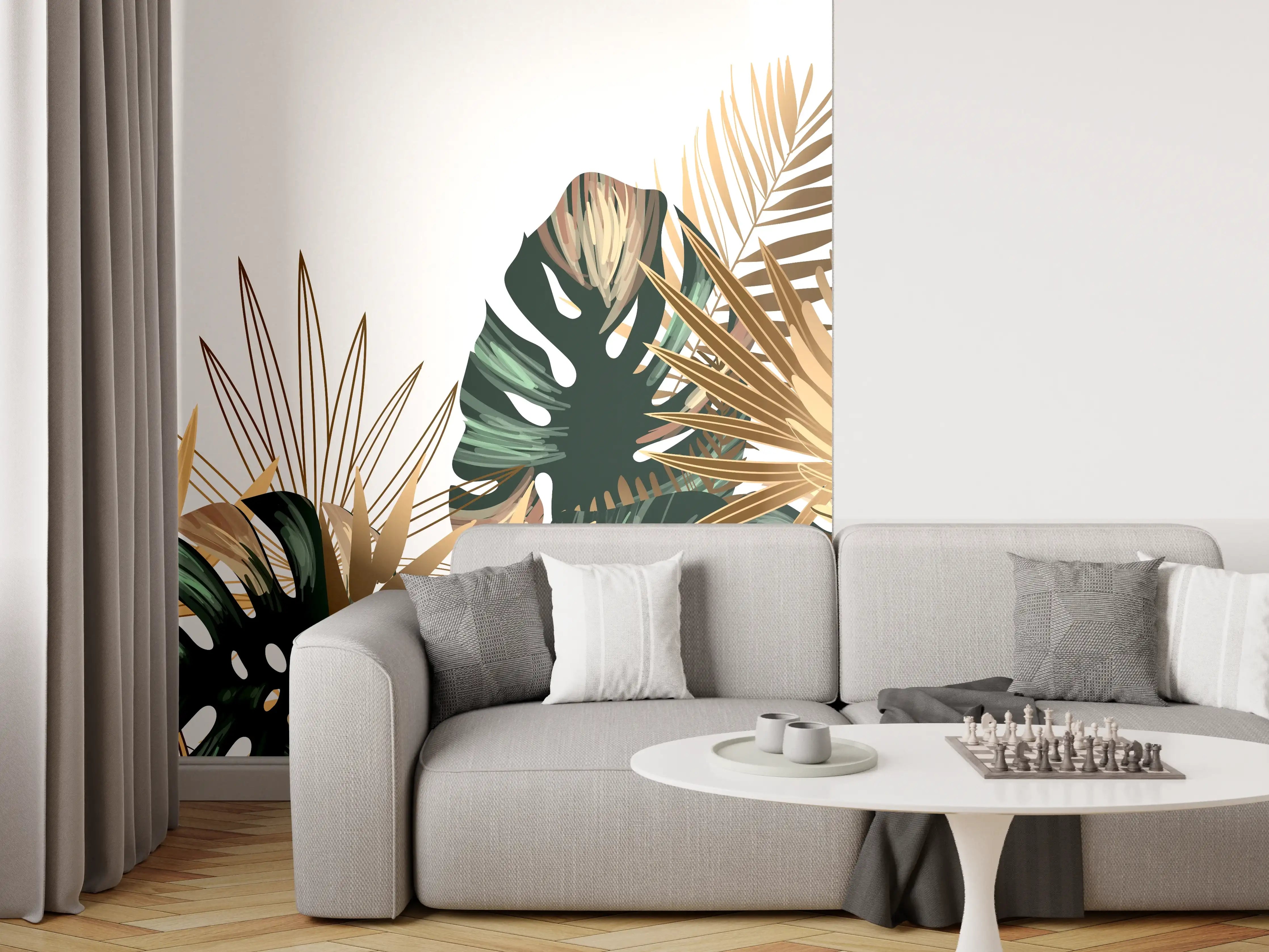 Wandverkleidung Wohnzimmer - Tropische Gold-Palmen Dekor
