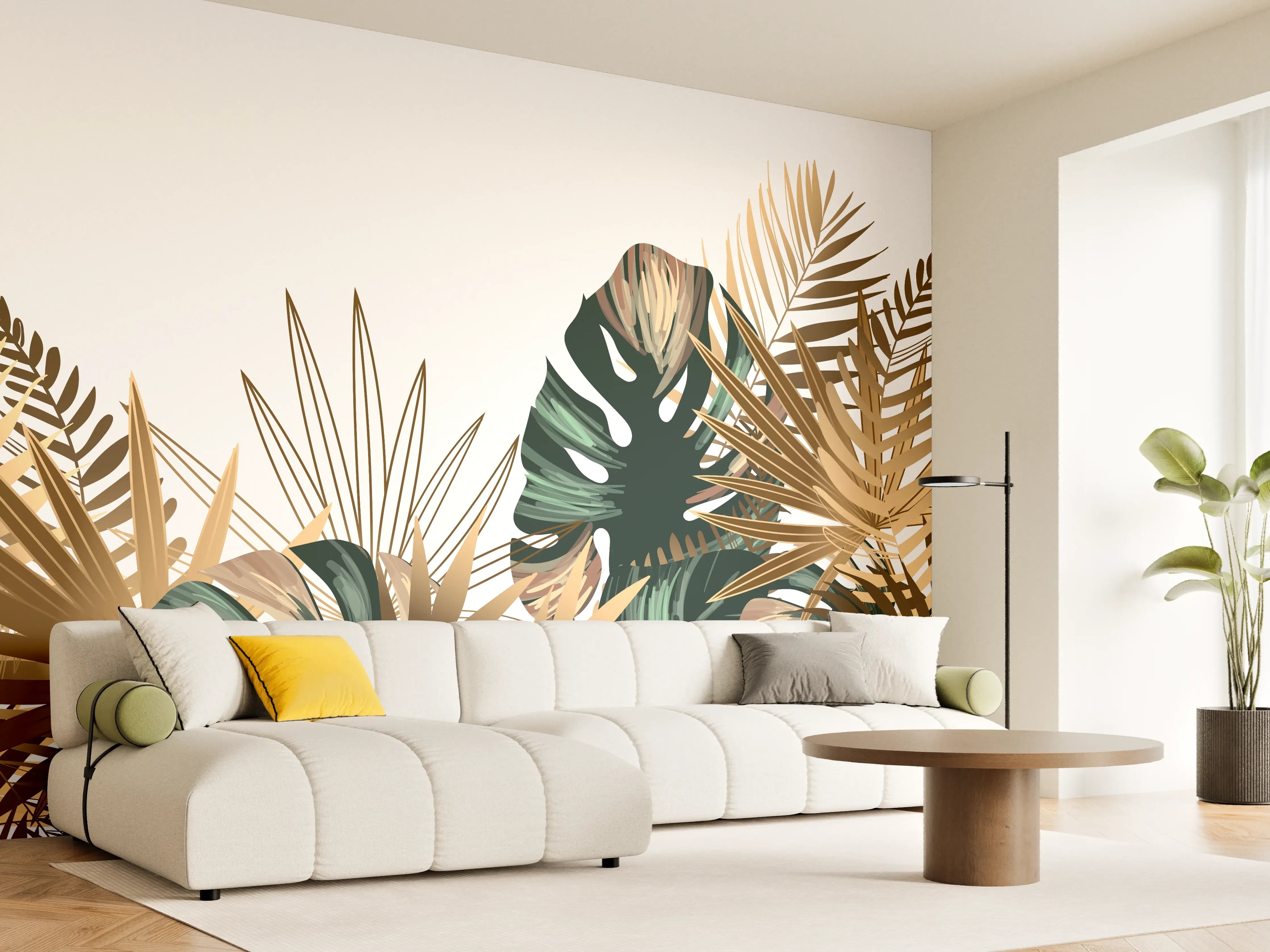 Wandverkleidung Wohnzimmer - Tropische Gold-Palmen Dekor