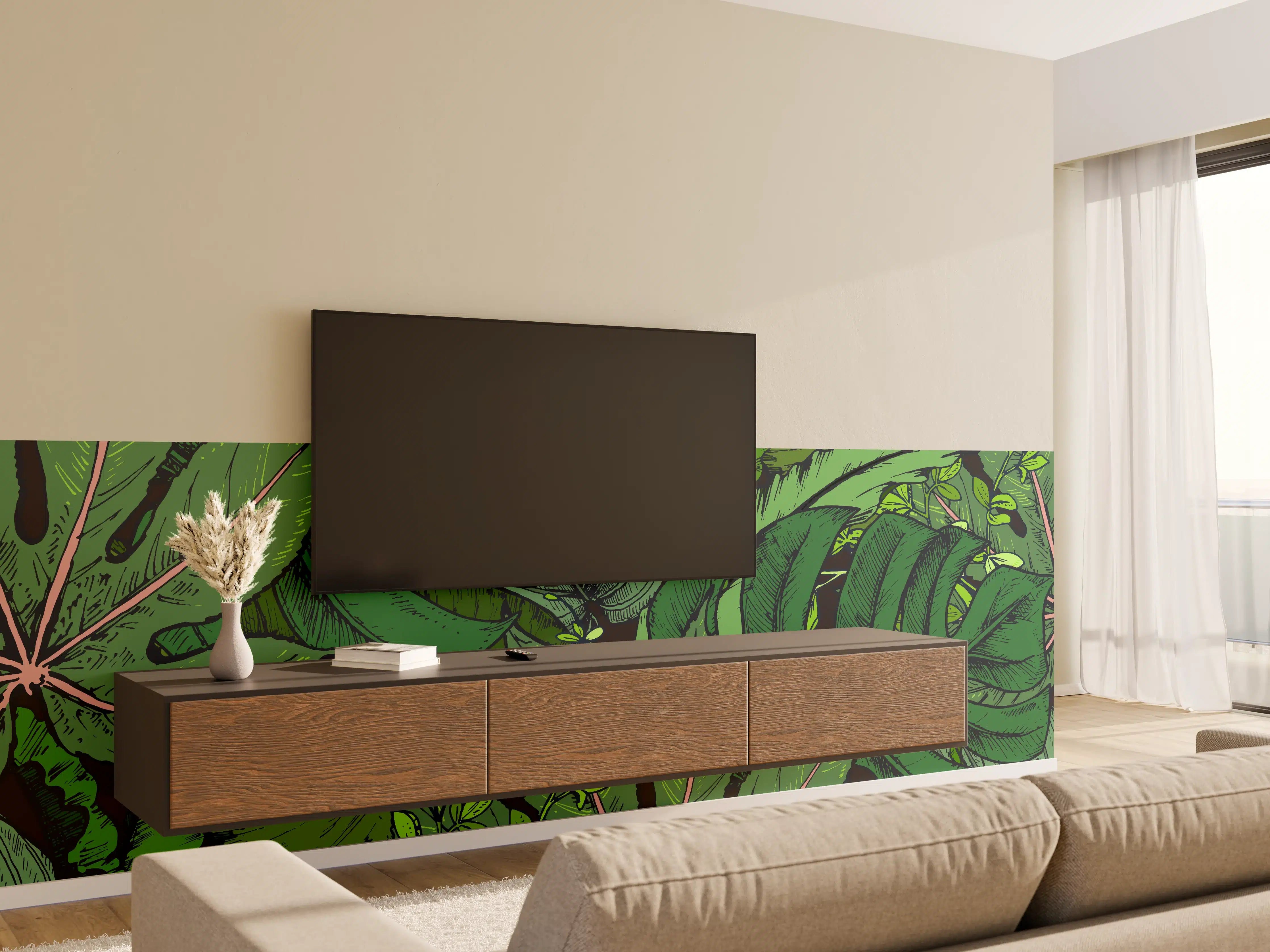 Wandverkleidung Wohnzimmer - Tropische Monstera-Blätter Grün