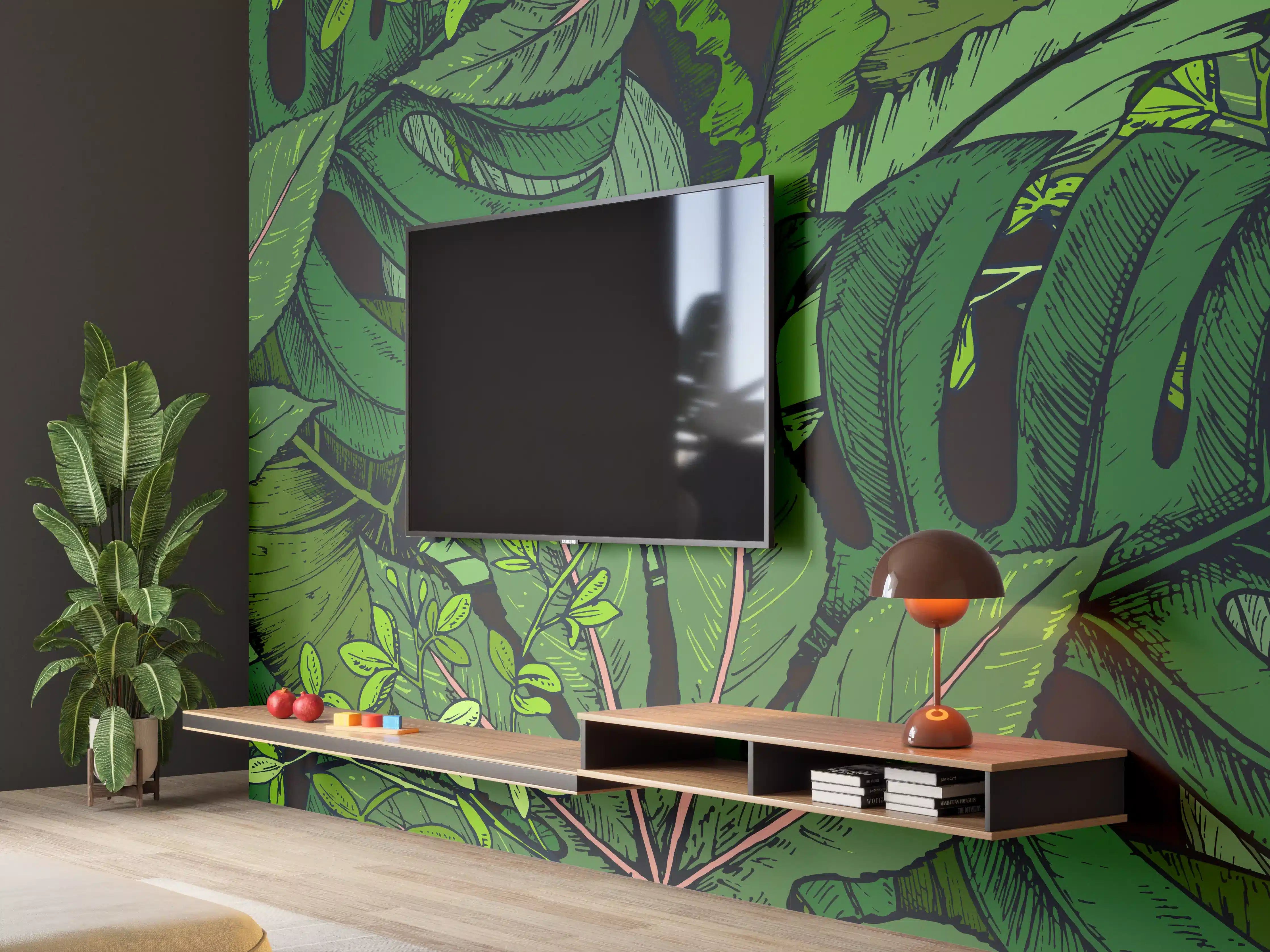 Wandverkleidung Wohnzimmer - Tropische Monstera-Blätter Grün