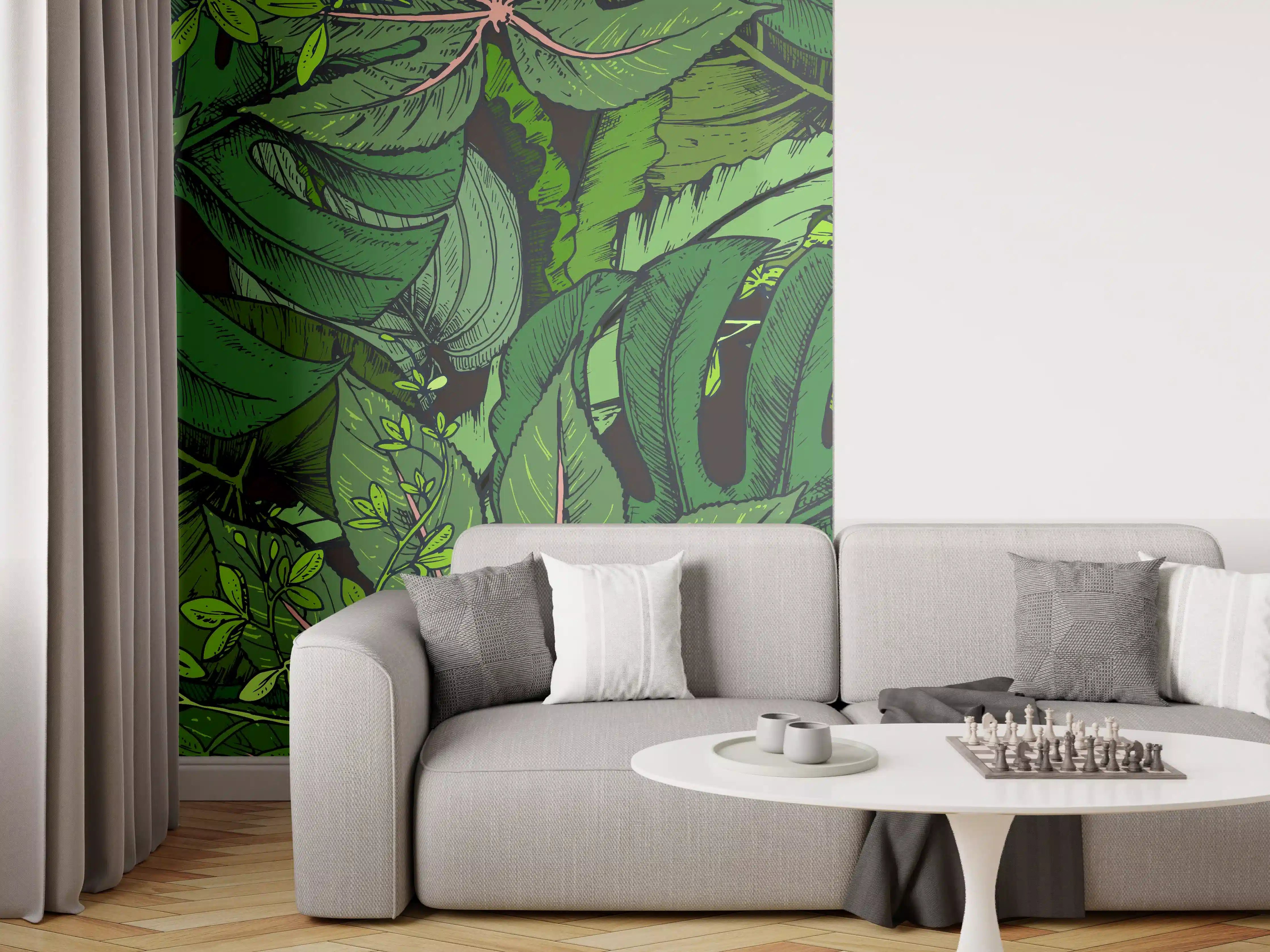 Wandverkleidung Wohnzimmer - Tropische Monstera-Blätter Grün
