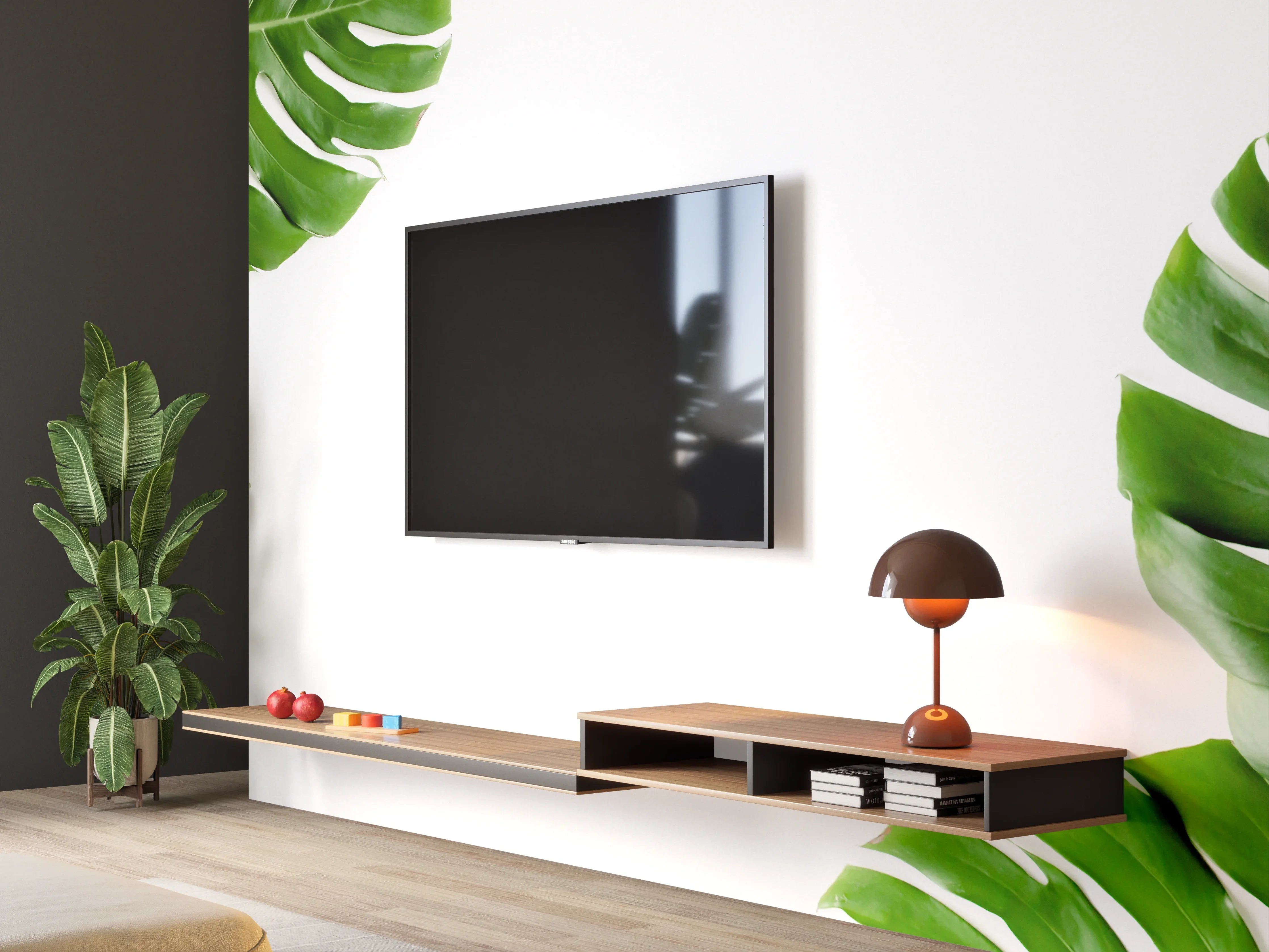 Wandverkleidung Wohnzimmer - Tropische Palmenblätter auf weißem Hintergrund