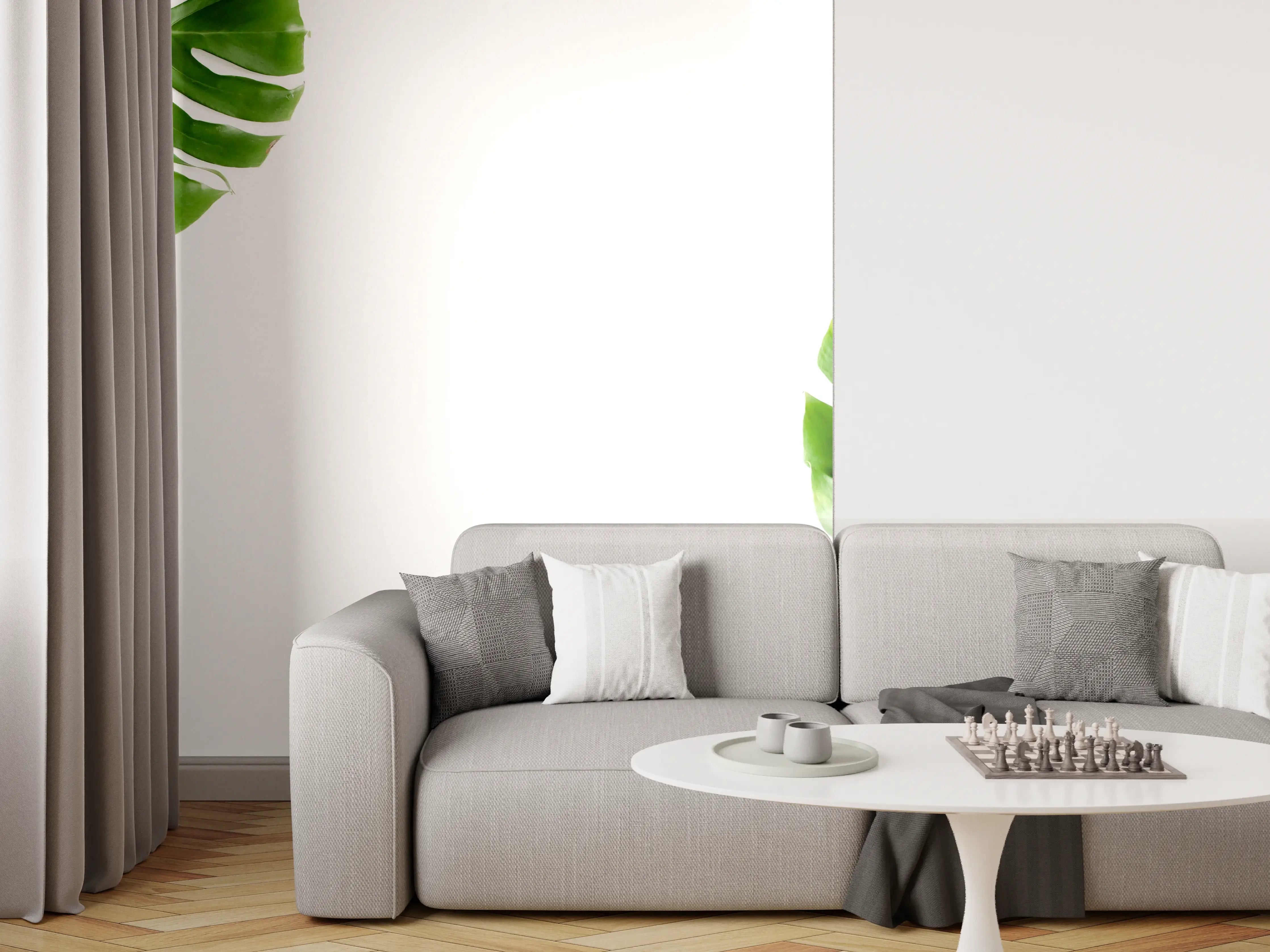 Wandverkleidung Wohnzimmer - Tropische Palmenblätter auf weißem Hintergrund