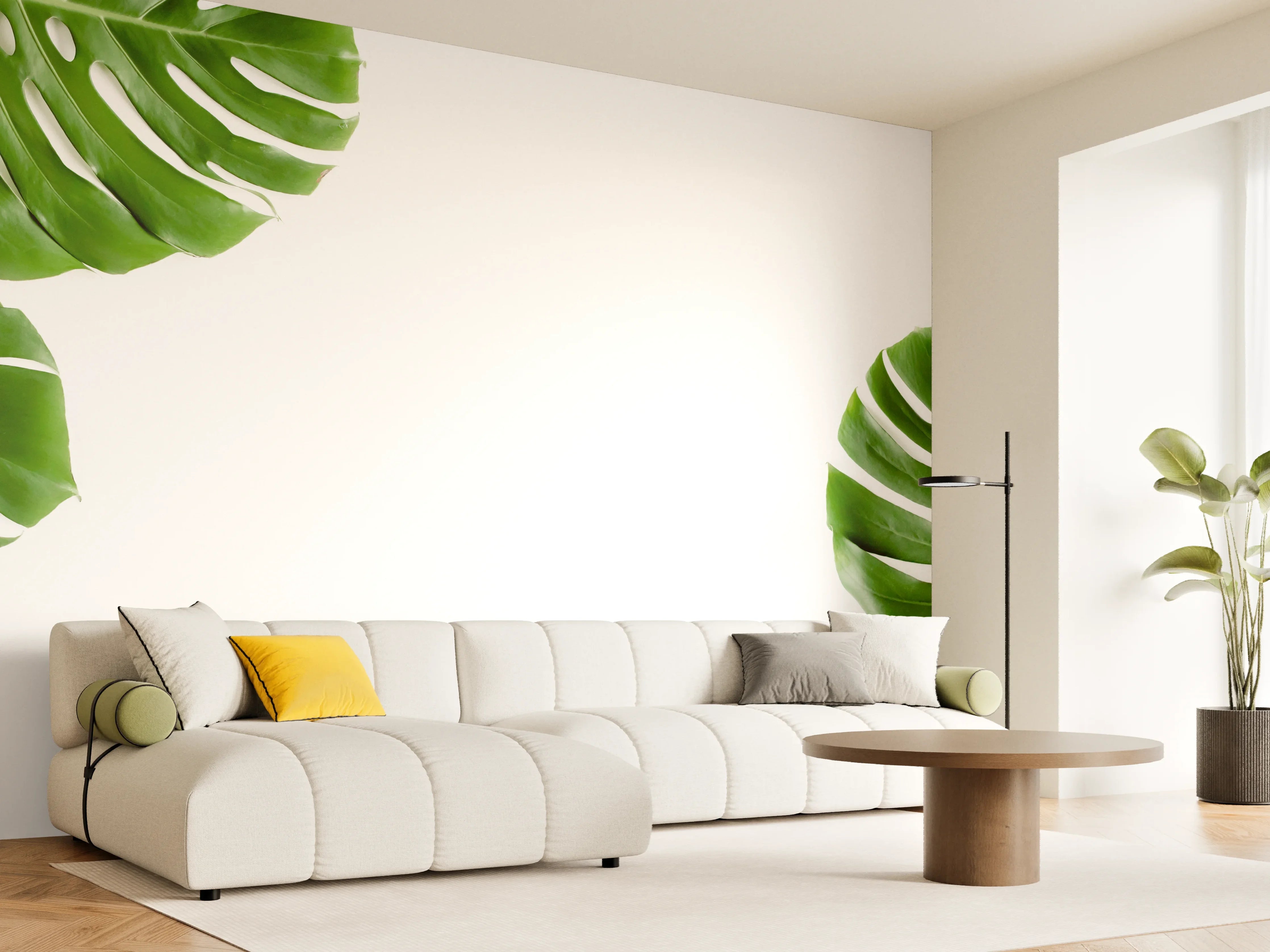 Wandverkleidung Wohnzimmer - Tropische Palmenblätter auf weißem Hintergrund
