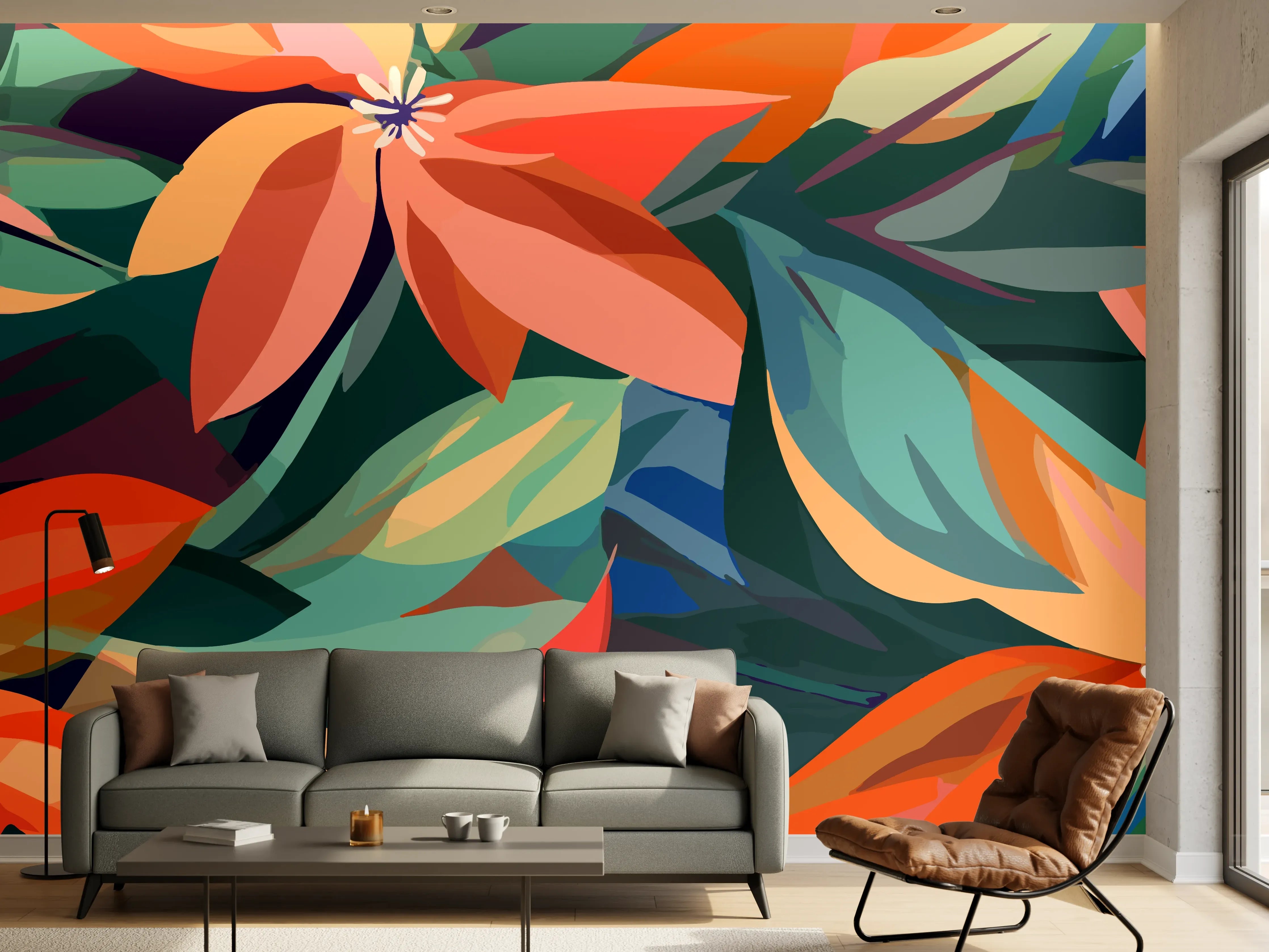 Wandverkleidung Wohnzimmer - Tropische Petals Koralle-Grün