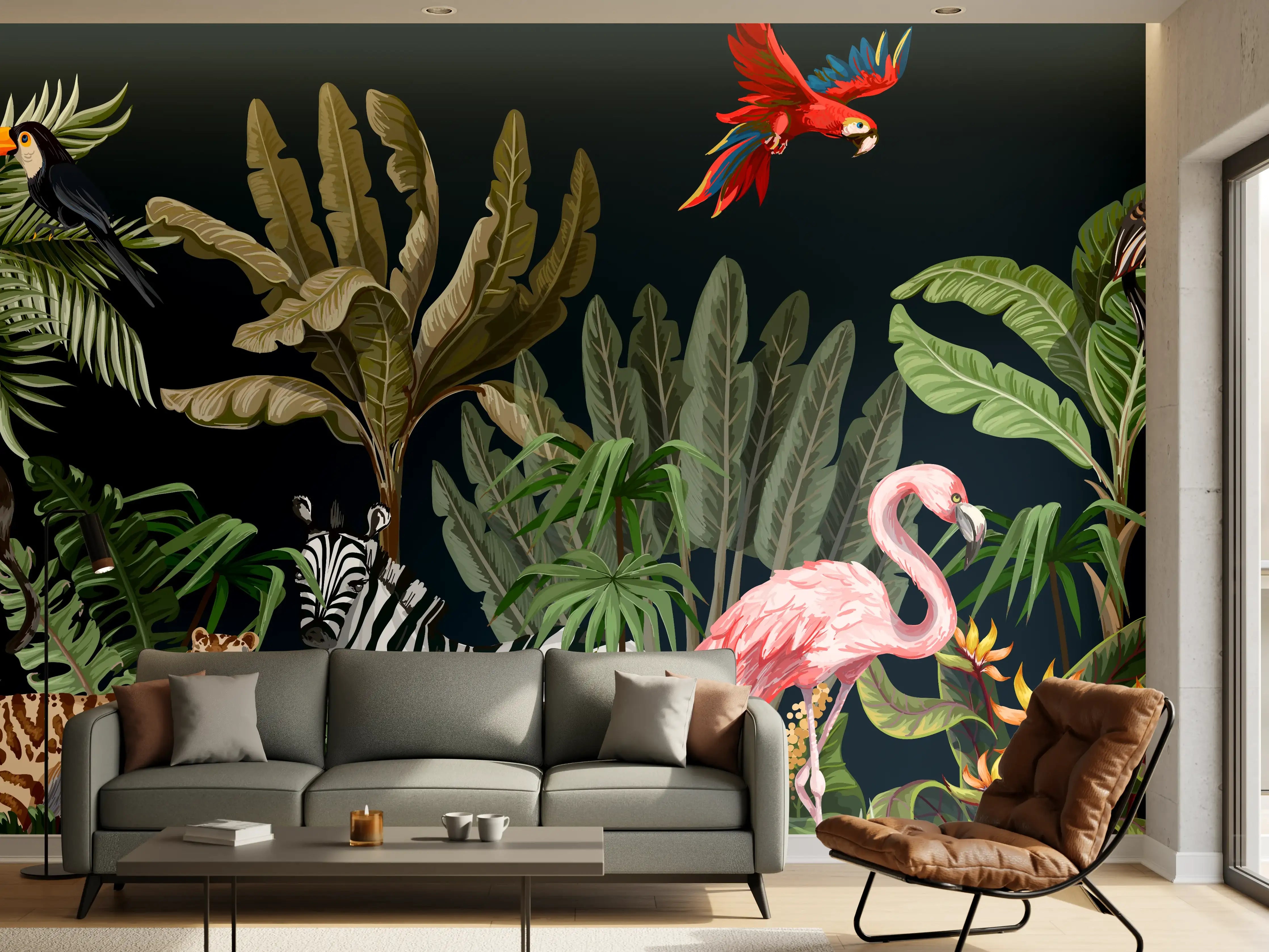 Wandverkleidung Wohnzimmer - Tropische Pflanzen & Tiere