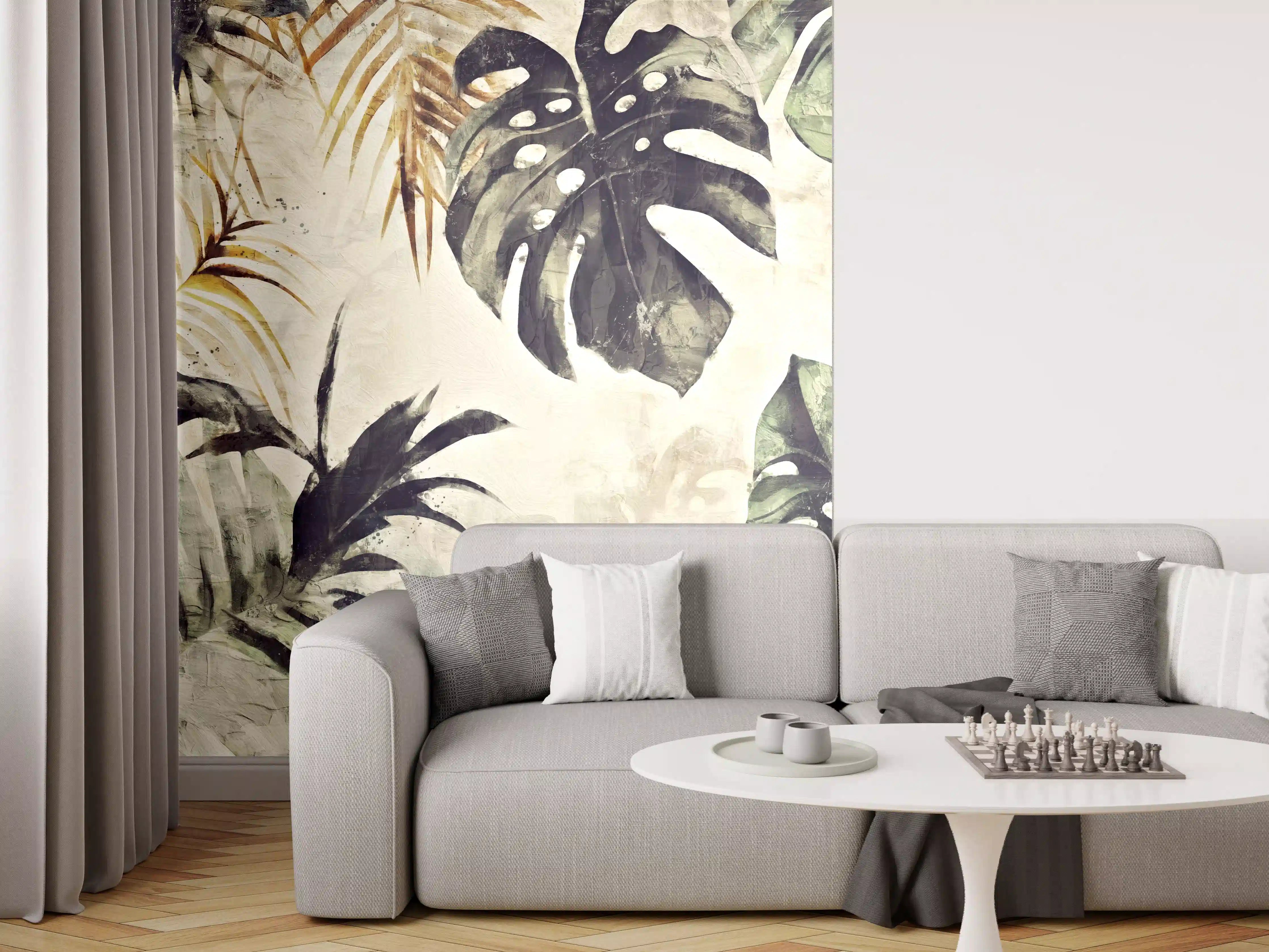 Wandverkleidung Wohnzimmer - Tropische Pflanzen im Aquarellstil mit Grautönen