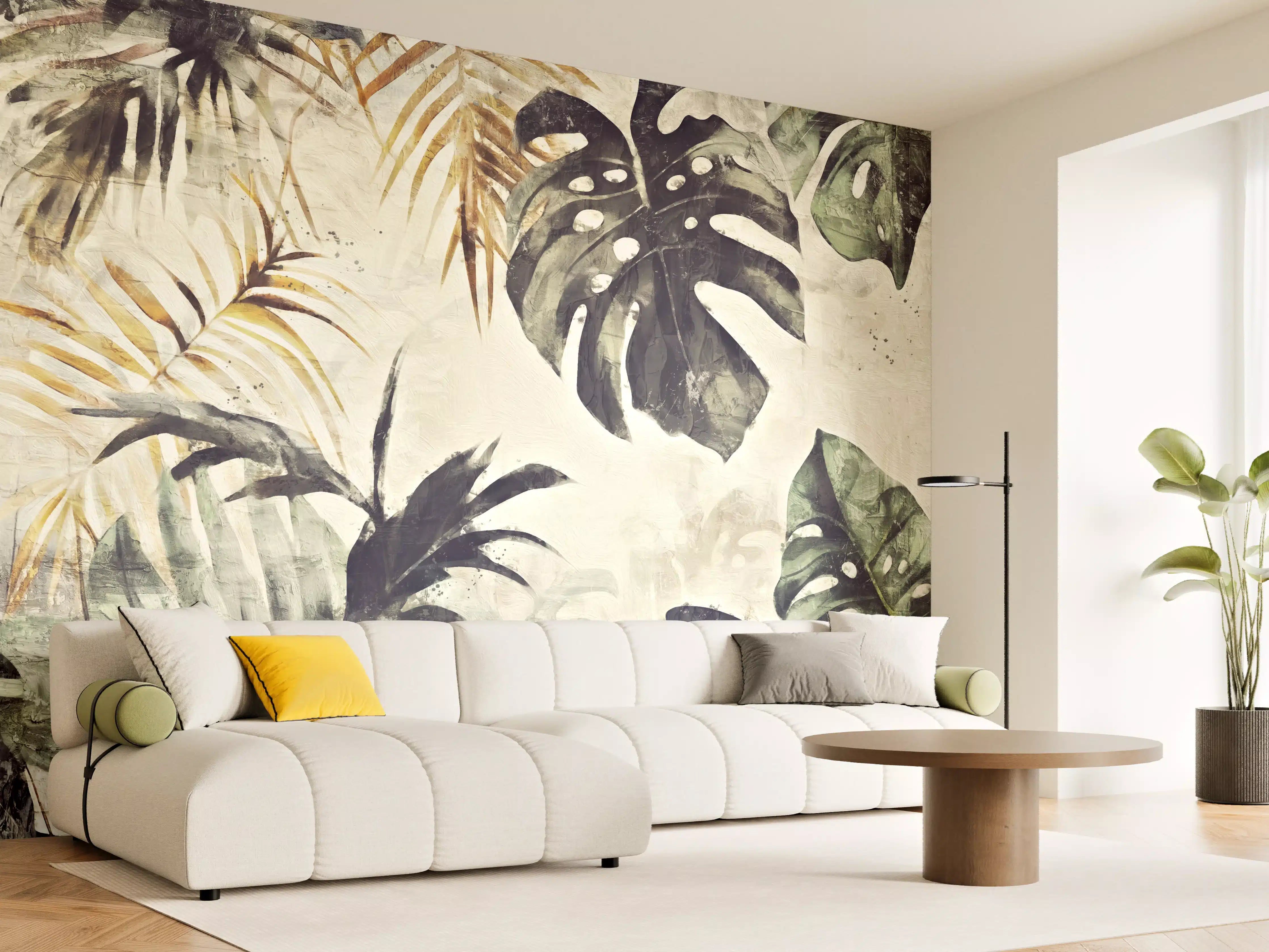 Wandverkleidung Wohnzimmer - Tropische Pflanzen im Aquarellstil mit Grautönen