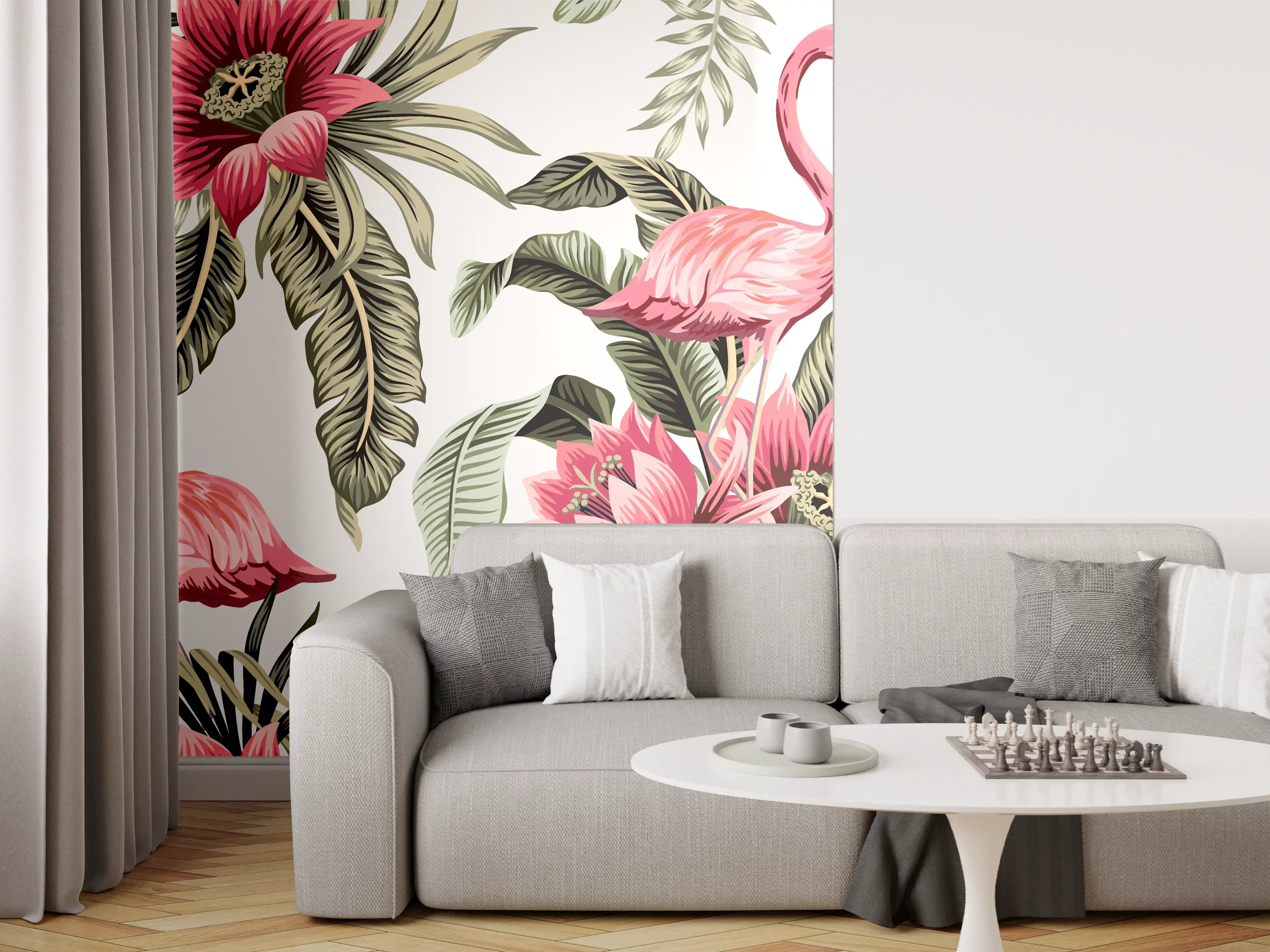 Wandverkleidung Wohnzimmer - Tropischer Flamingo-Blumen-Print