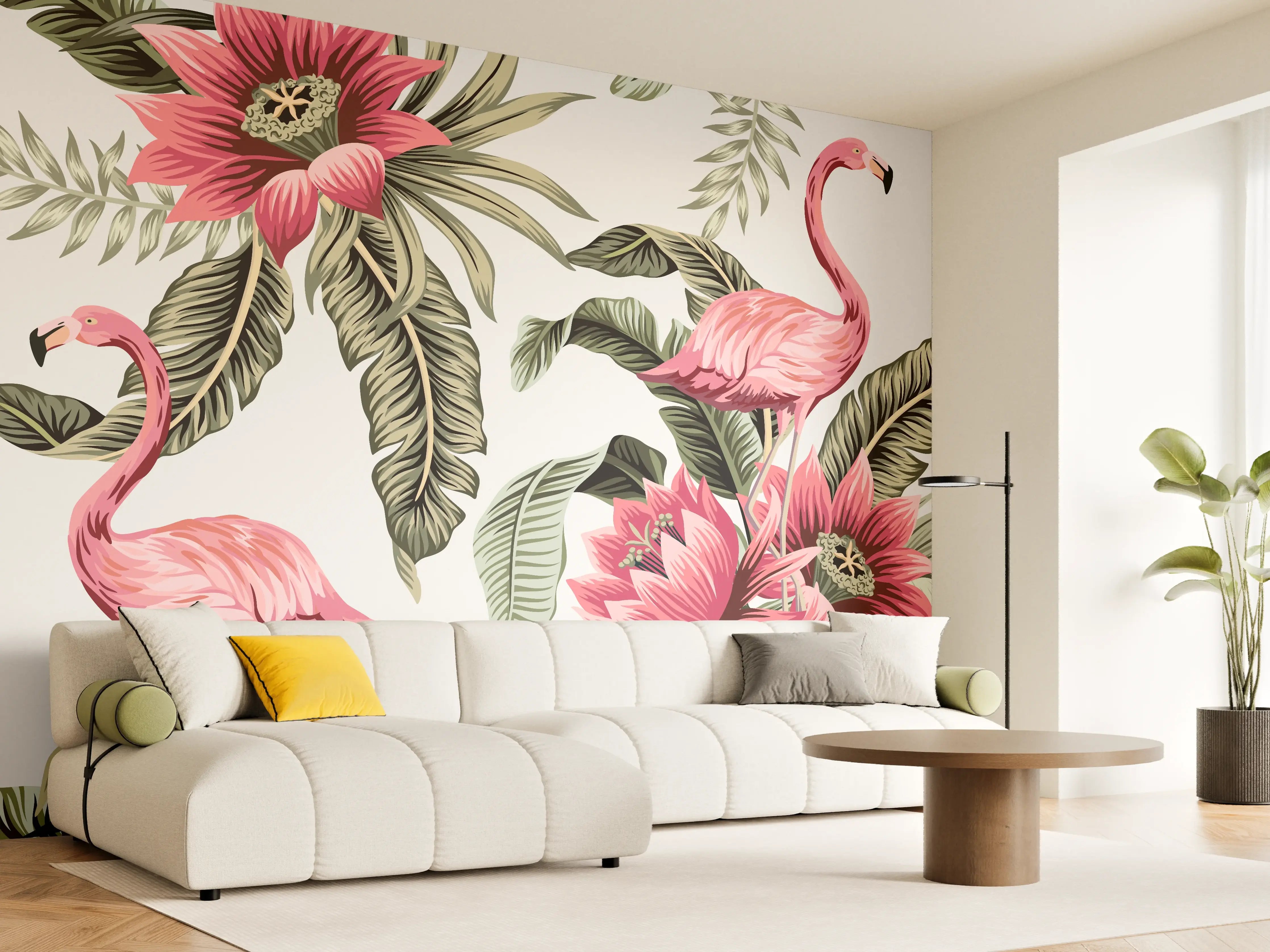 Wandverkleidung Wohnzimmer - Tropischer Flamingo-Blumen-Print