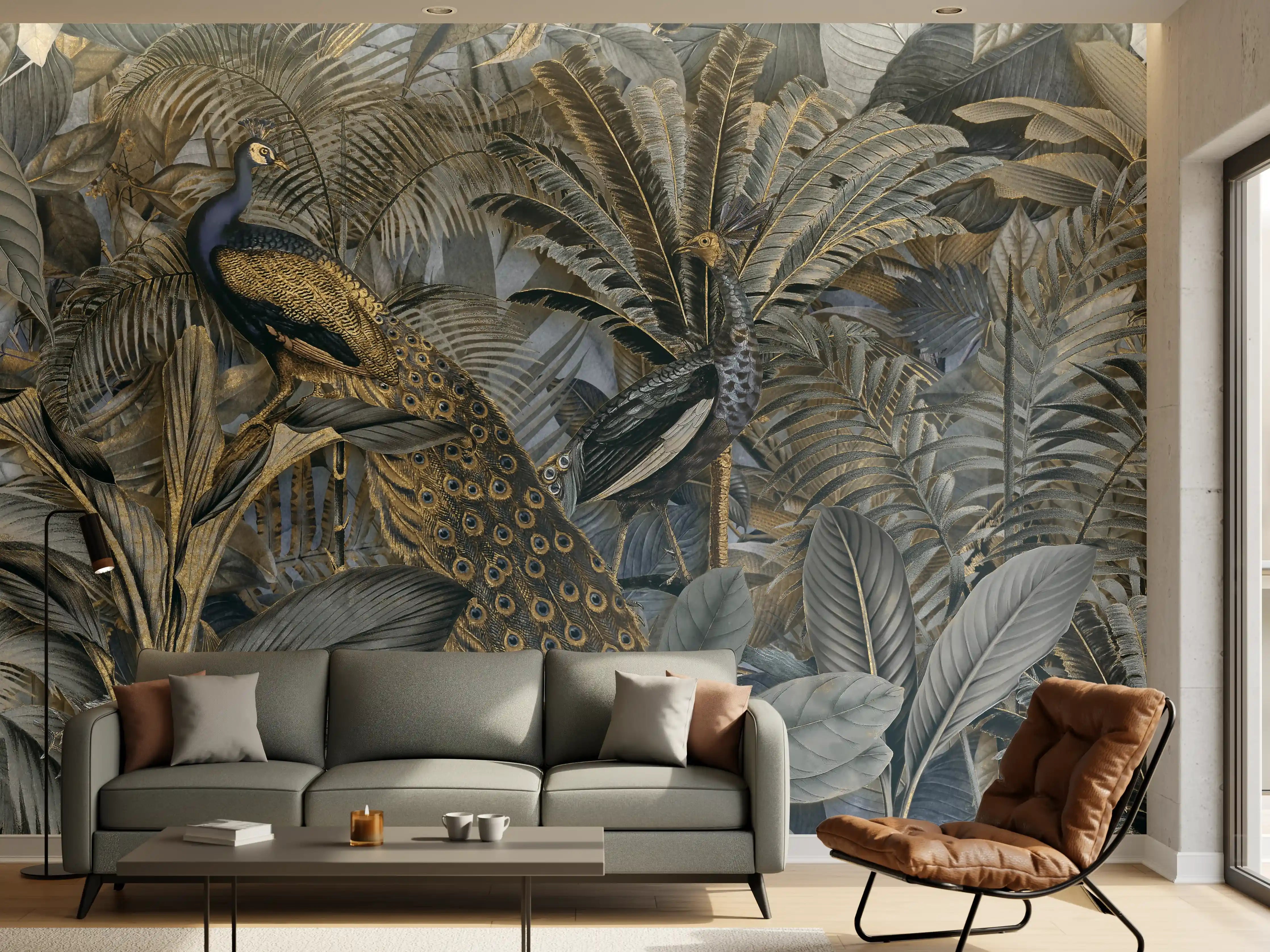 Wandverkleidung Wohnzimmer - Tropischer Garten - Pfau