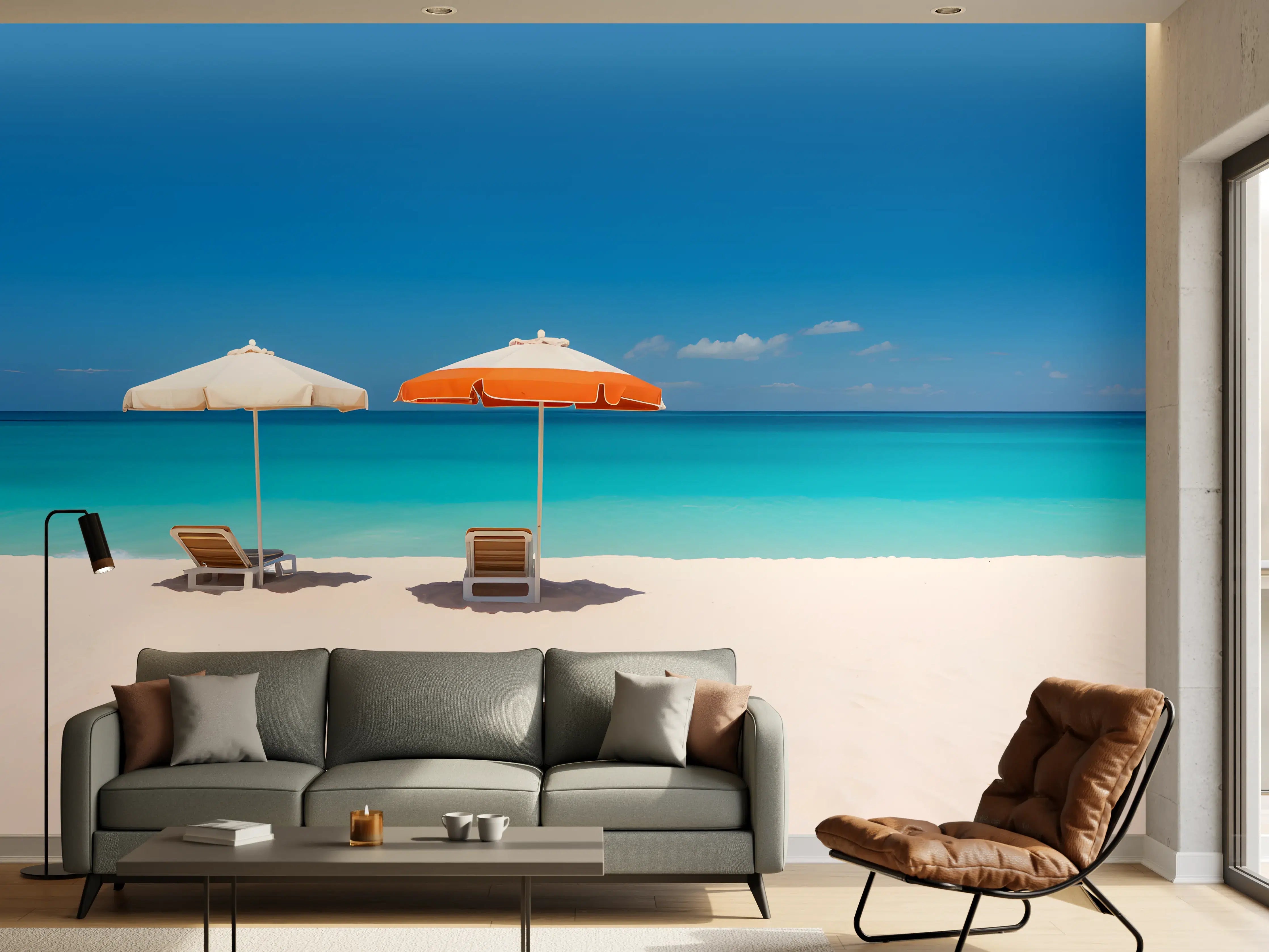 Wandverkleidung Wohnzimmer - Tropischer Strand mit Sonnenschirmen