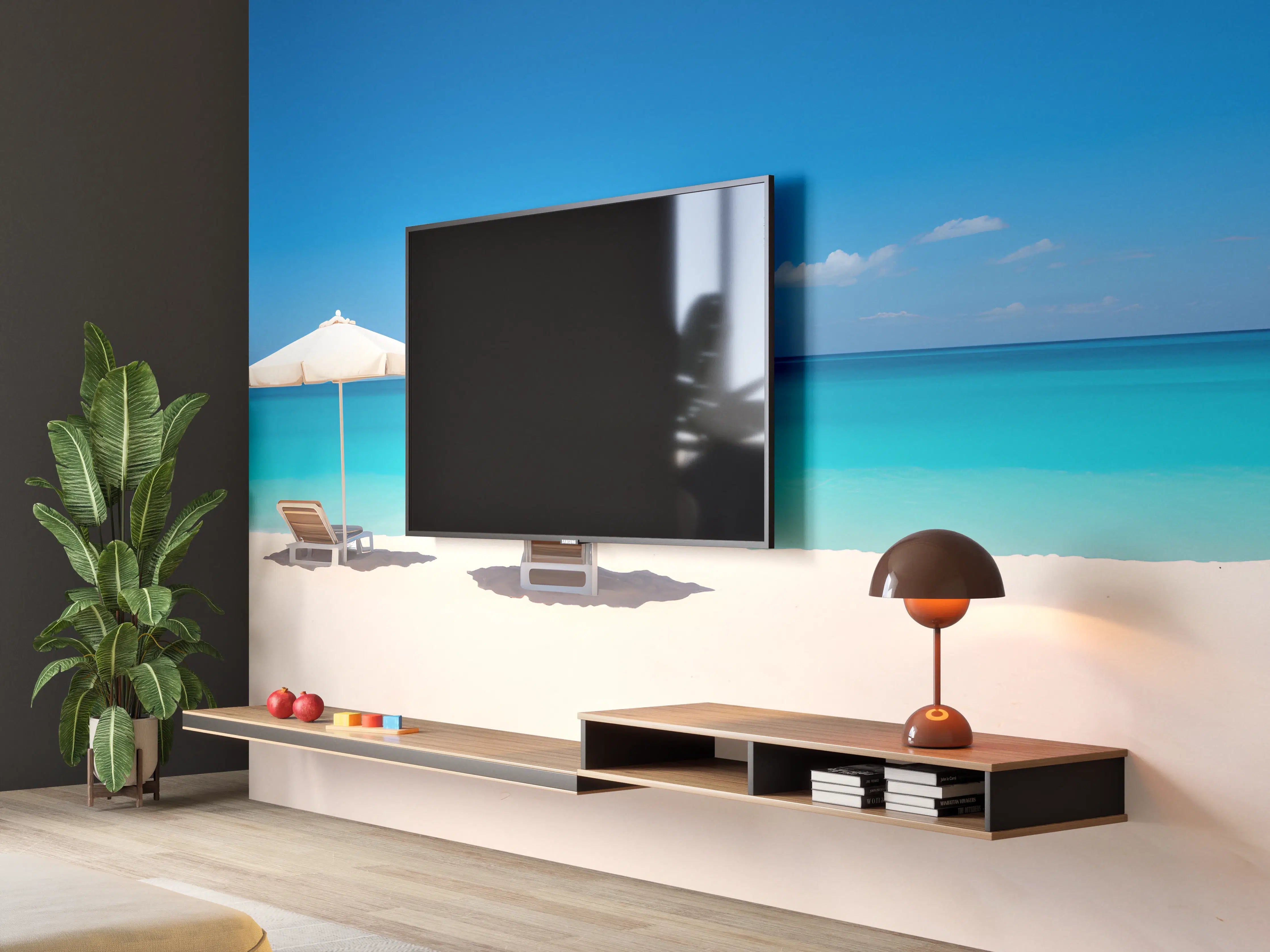 Wandverkleidung Wohnzimmer - Tropischer Strand mit Sonnenschirmen