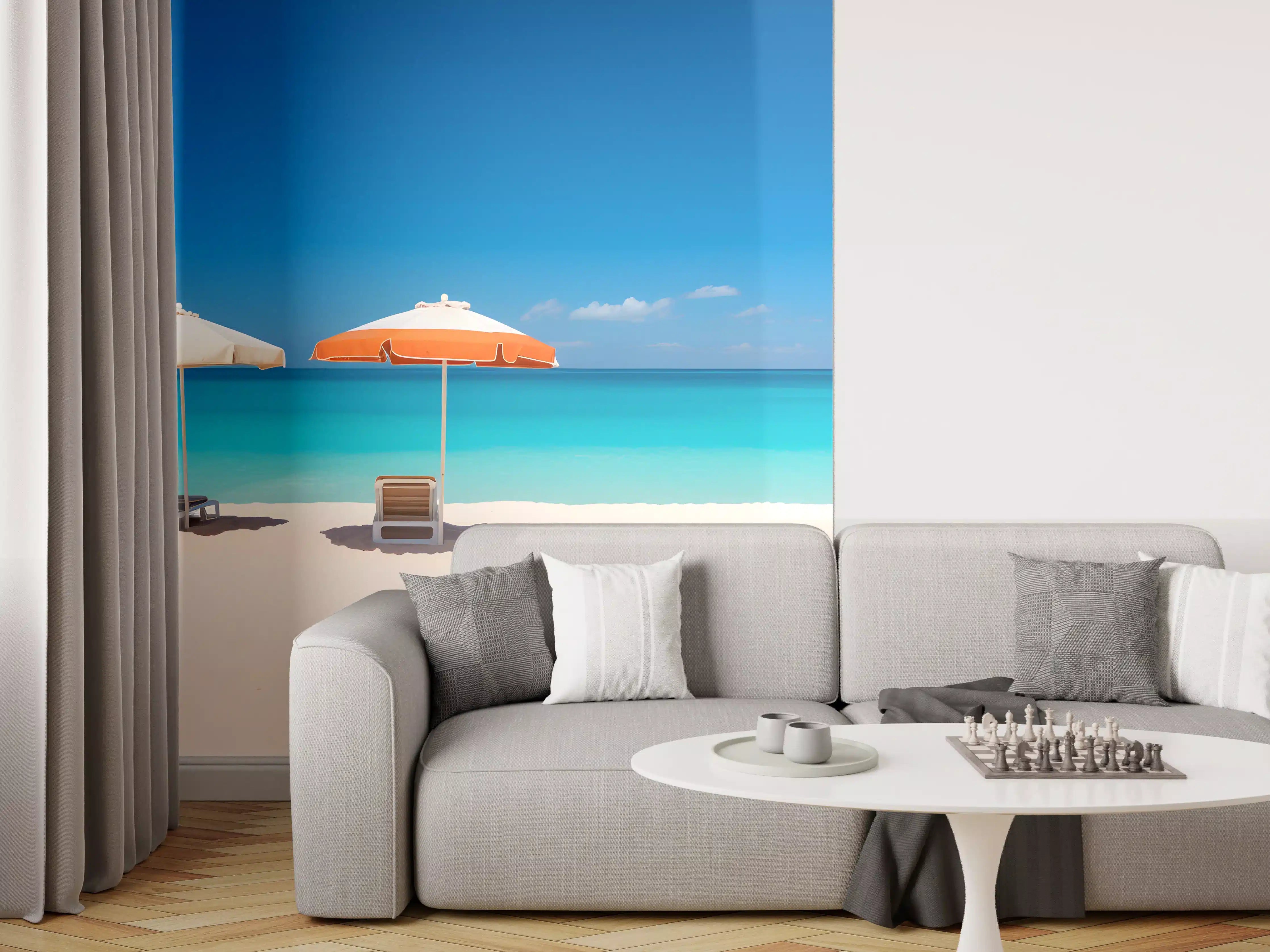 Wandverkleidung Wohnzimmer - Tropischer Strand mit Sonnenschirmen