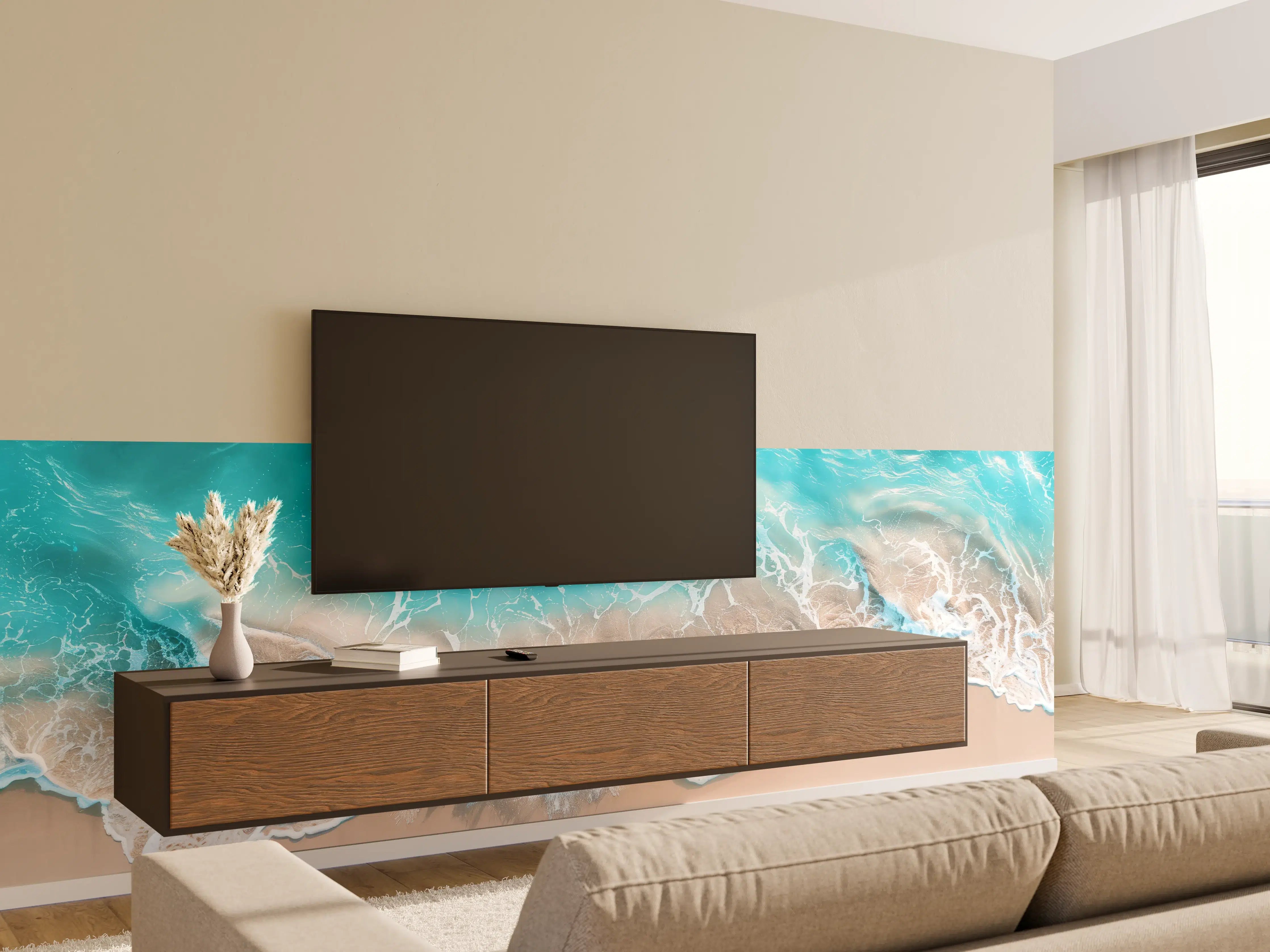 Wandverkleidung Wohnzimmer - Tropischer Strand mit türkisfarbenem Wasser